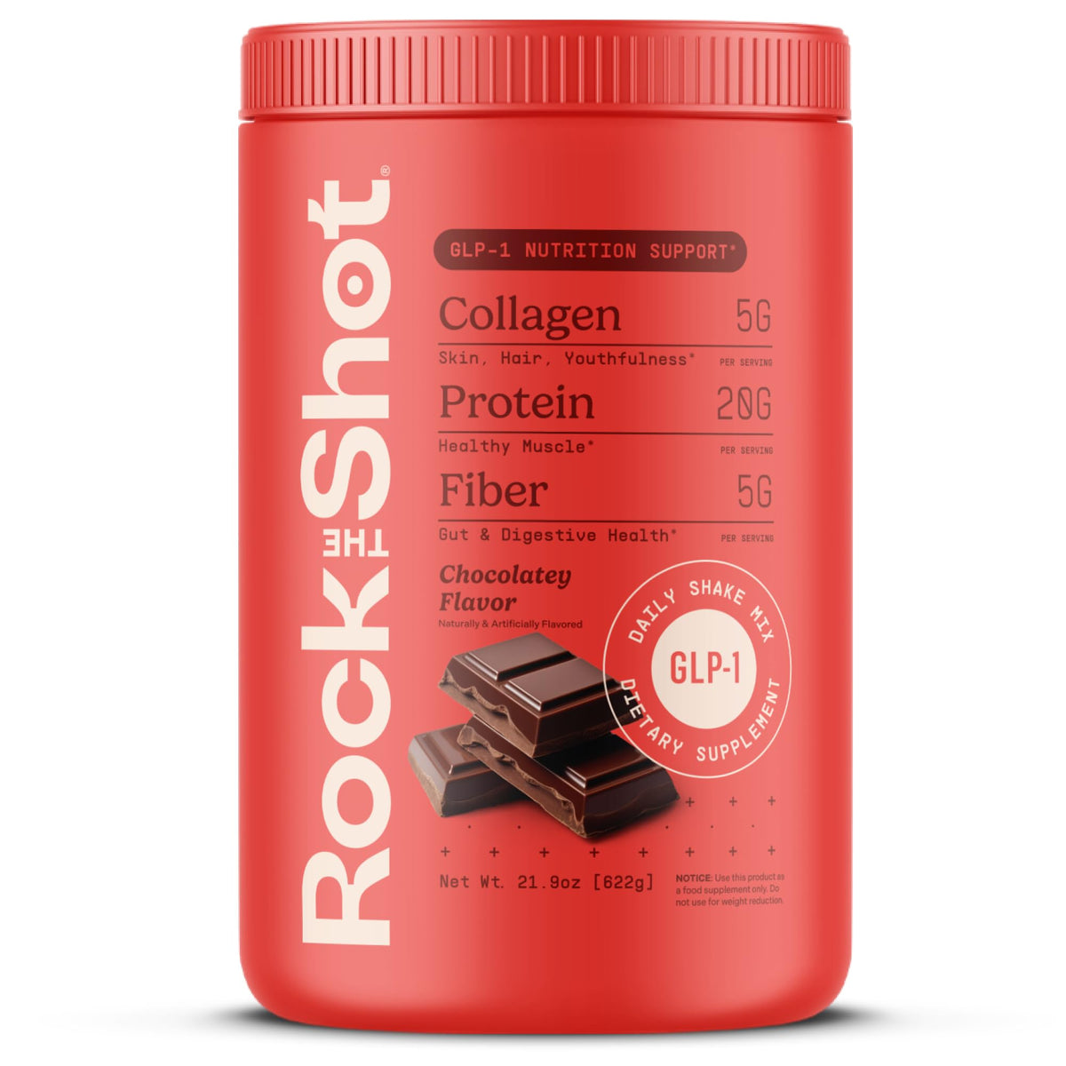 ROCK THE SHOT GLP-1 suplemento nutricional chocolate, apoyo diario para balance nutricional.
