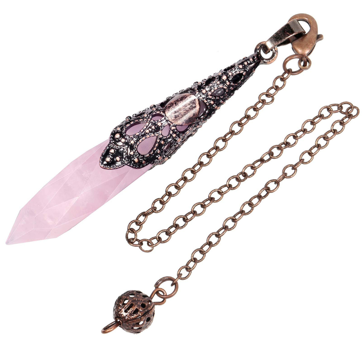 Rockcloud pendulo divinacion cuarzo rosado, foco en divinación y equilibrio emocional.