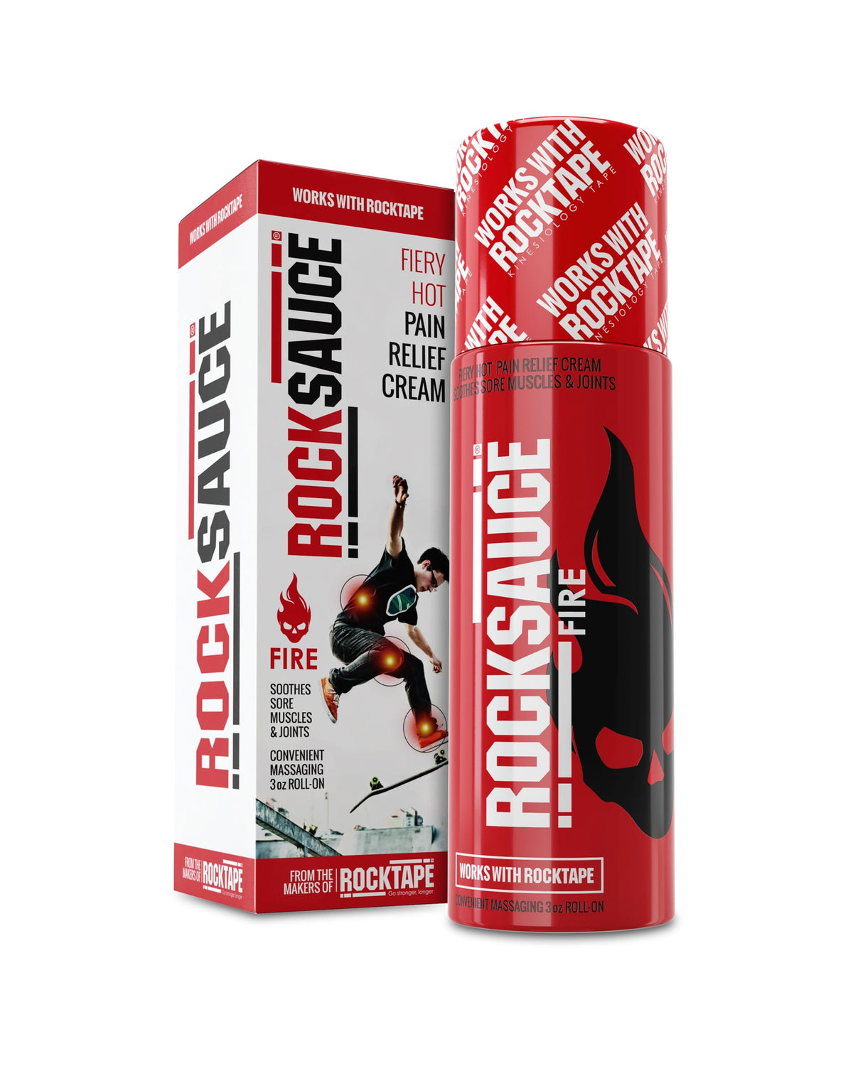 RockSauce Fire Roll-On 3oz para alivio práctico sin ensuciar las manos.