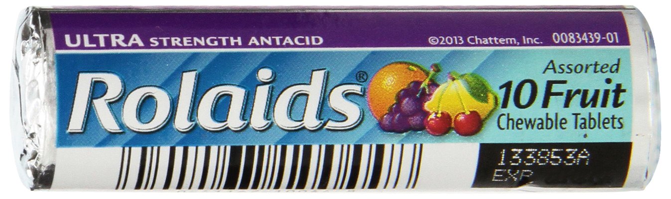 Rolaids tabletas de fruta, presentación compacta para uso diario.