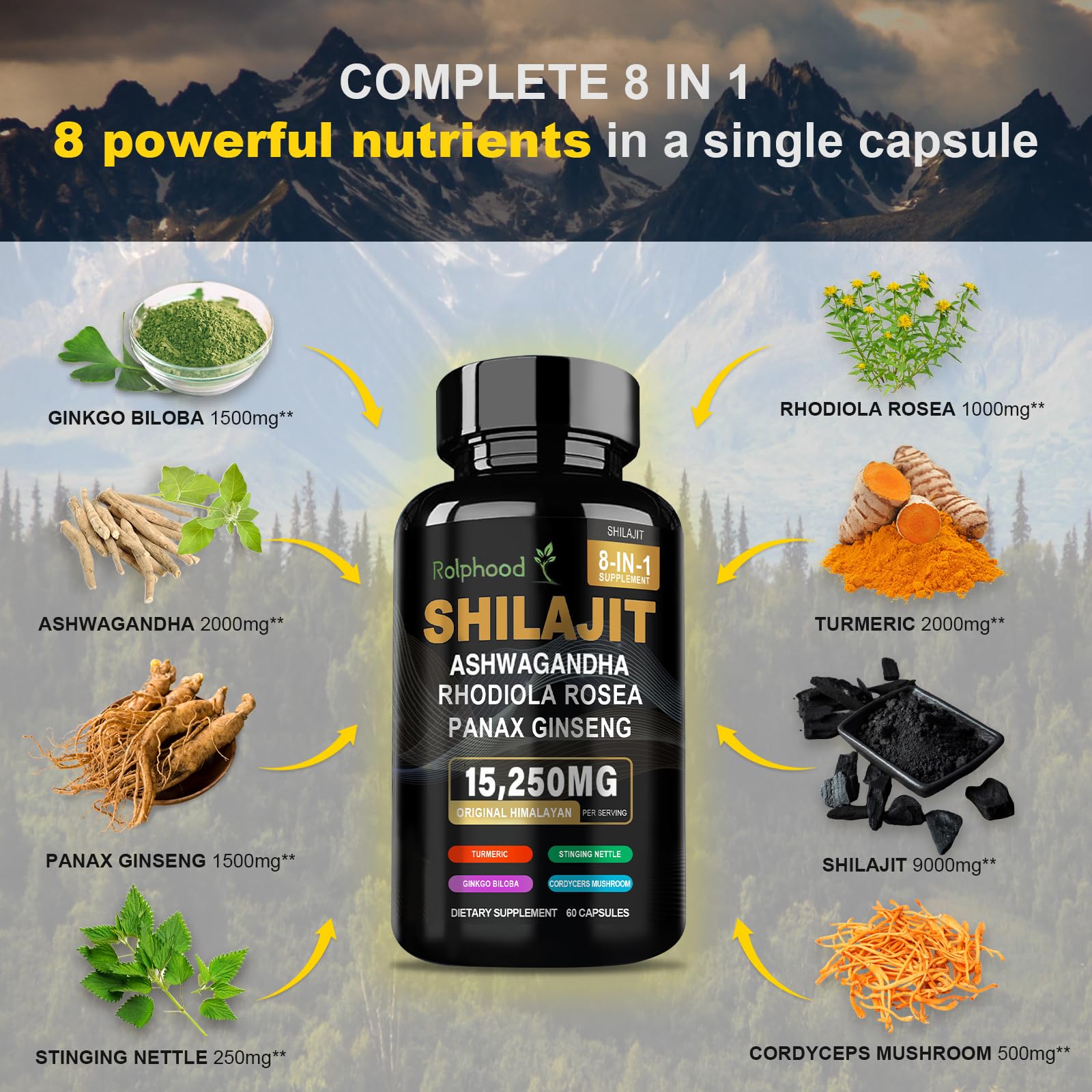 Rolphood Shilajit ingredientes naturales de ocho componentes