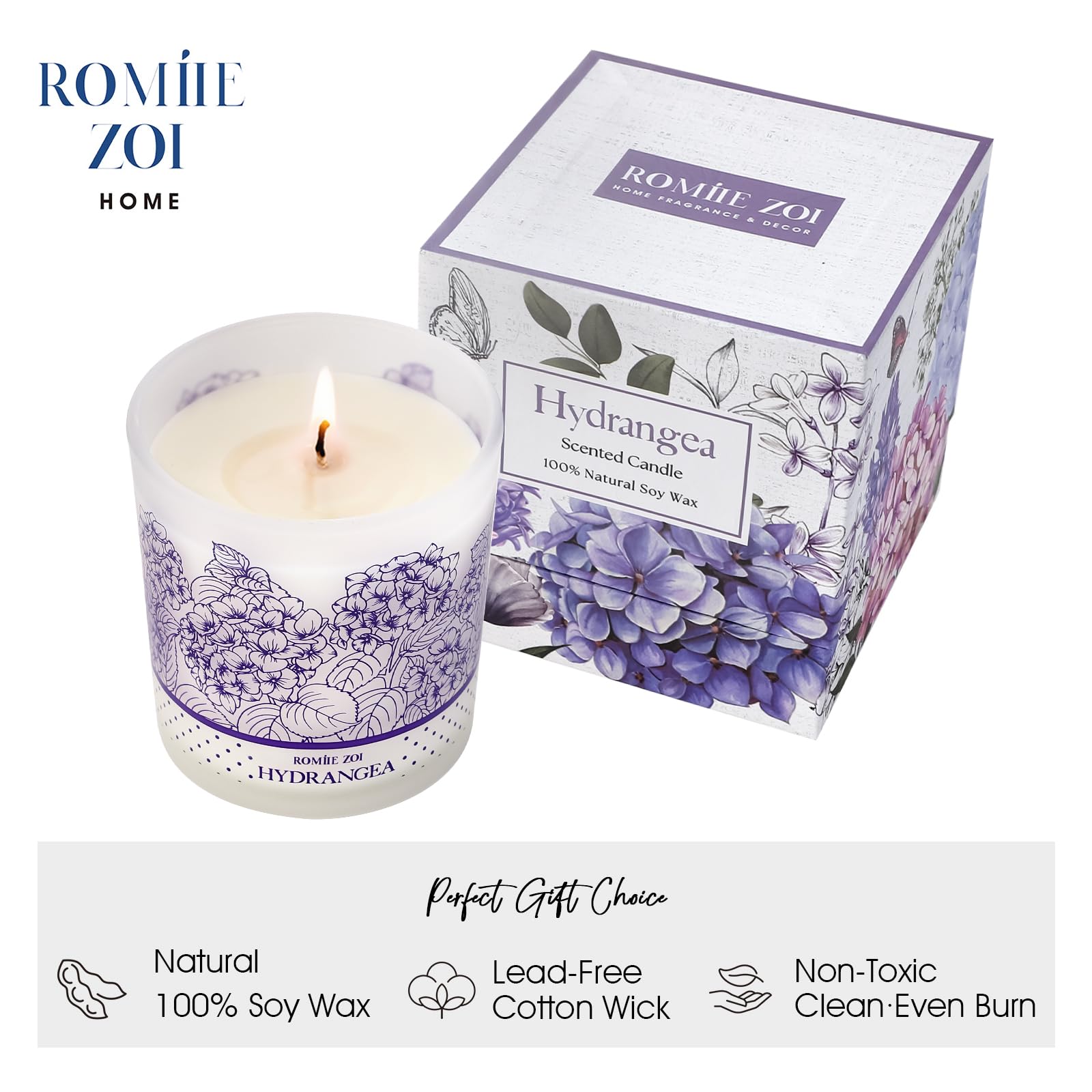 ROMIIE ZOI vela hortensia; combustión limpia para espacios tranquilos en casa.