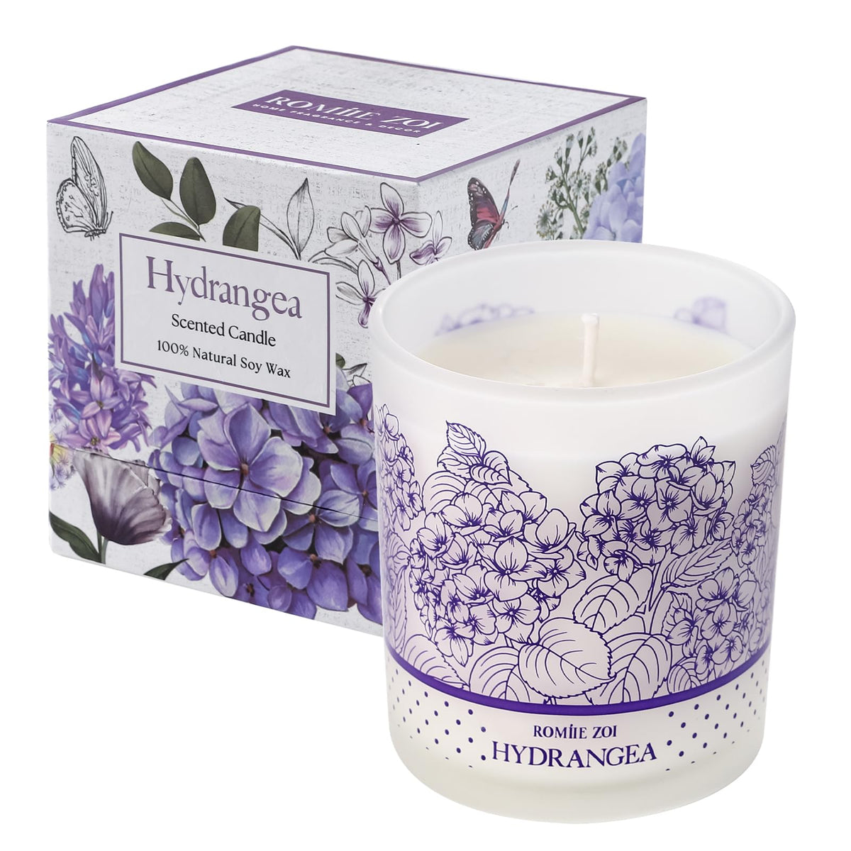 ROMIIE ZOI vela de hortensia; aroma floral para un ambiente sereno en el hogar.