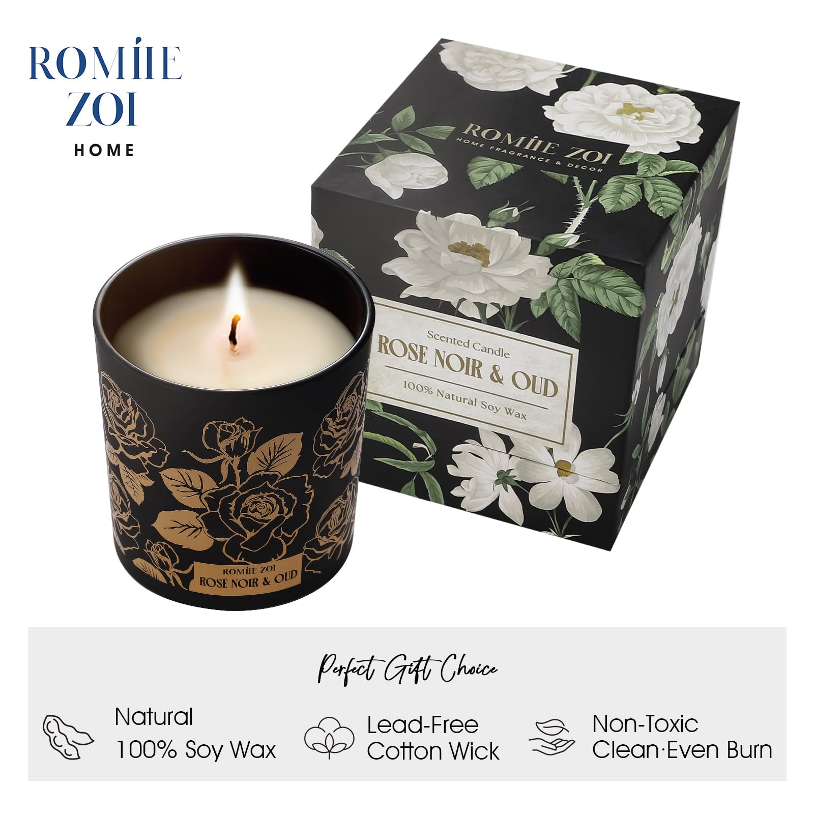 Vaso de cristal ROMIIE ZOI Rose Noir y Oud, cera de soja natural