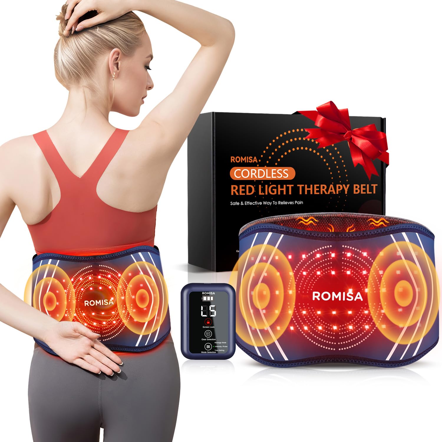 ROMISA cinturon-luz-roja para espalda, ofrece relajación y mejora en la apariencia de la piel.