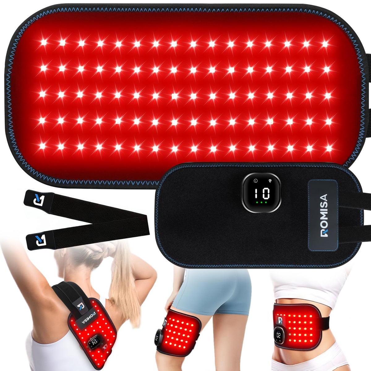 Romisa cinturon de terapia con luz roja y 240 diodos luminosos para relajación muscular.