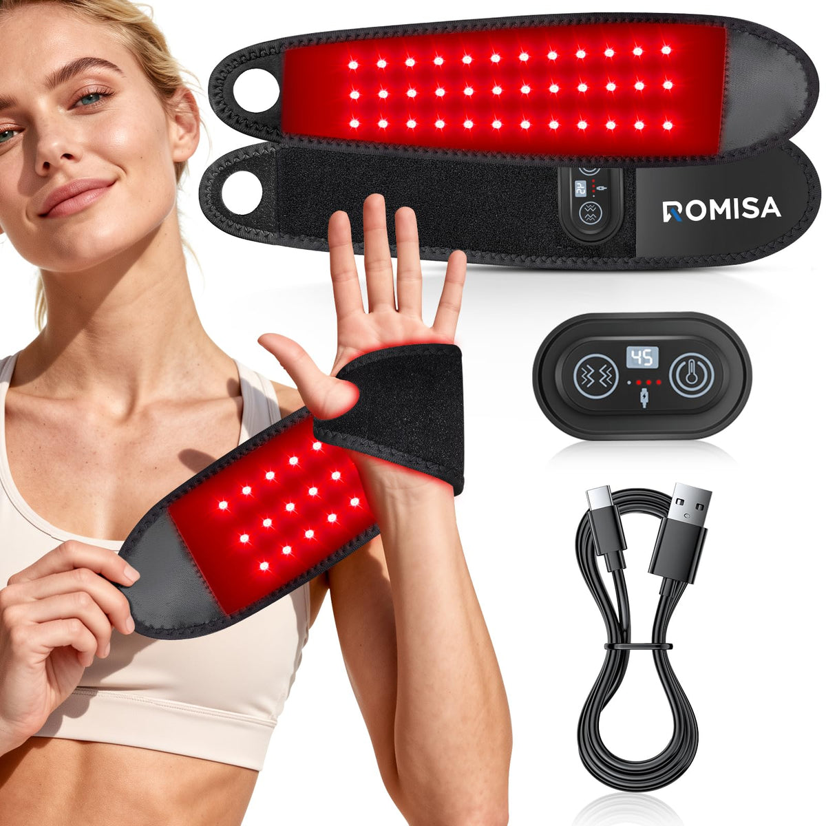 ROMISA luz roja pulsera muñeca, alivio de fatiga y mejora de circulación.