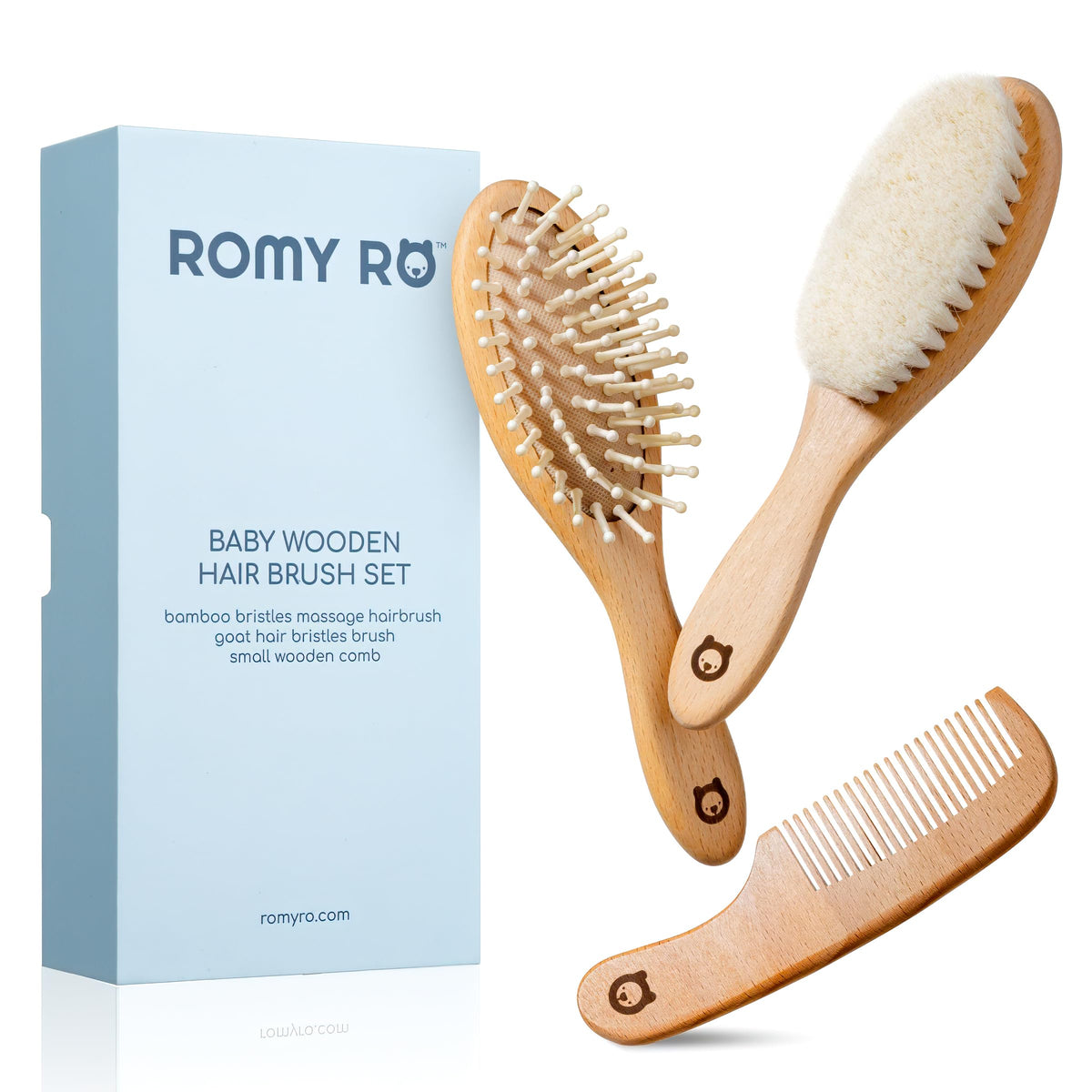 Cepillo ROMY RO de bambú para masajes suaves del cuero cabelludo del bebé