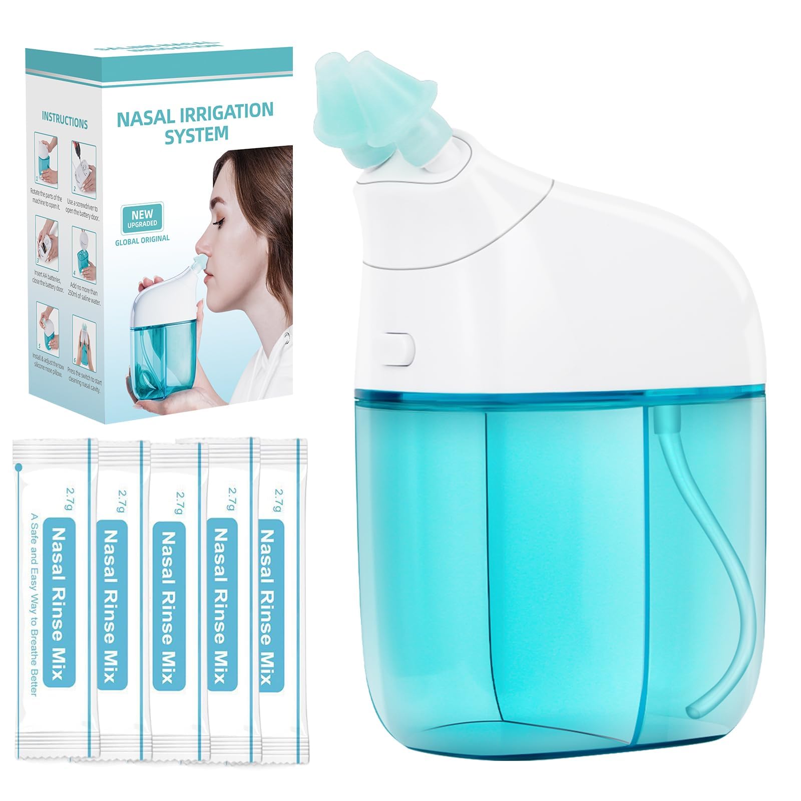 Ronfnea sistema de lavado nasal frente verde, diseño ergonómico para limpieza nasal diaria.