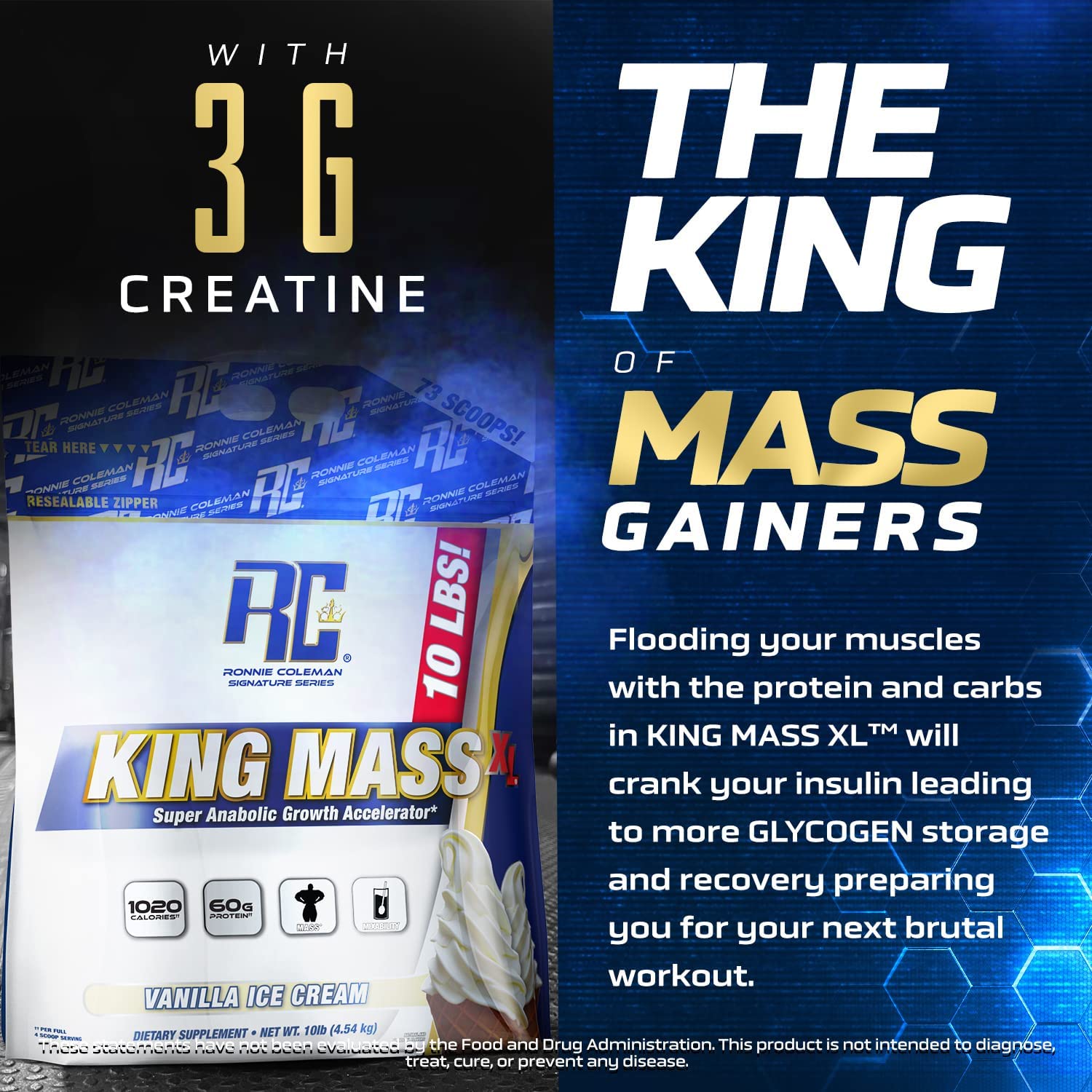 Creatina integrada en King Mass XL para apoyo durante entrenamientos intensos.