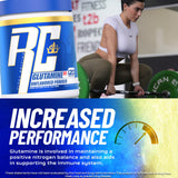 Envase Ronnie Coleman Glutamina de 120 porciones para consumo diario.