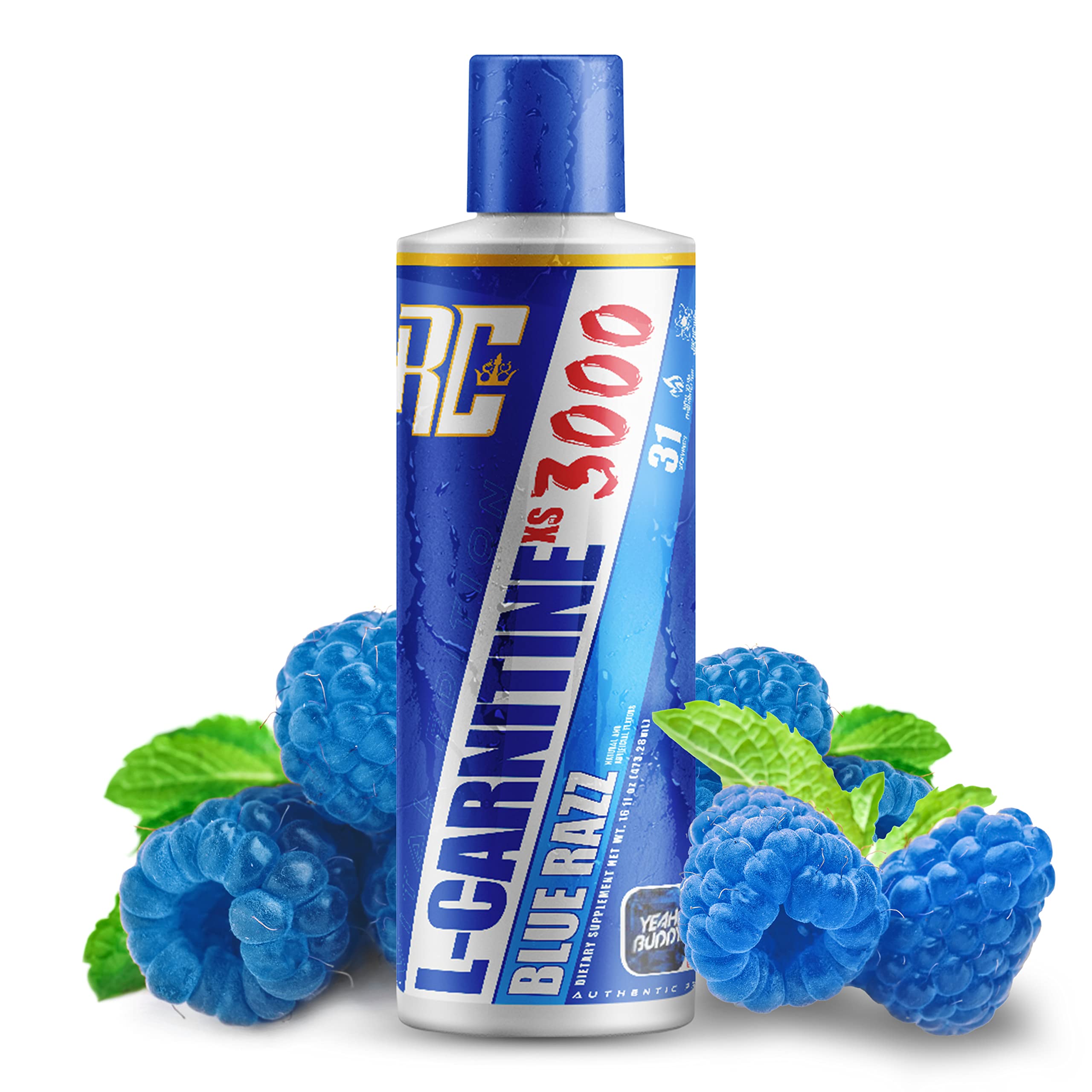 Ronnie Coleman Signature Series L-Carnitina XS 3000, botella de 16 oz con sabor frambuesa azul.