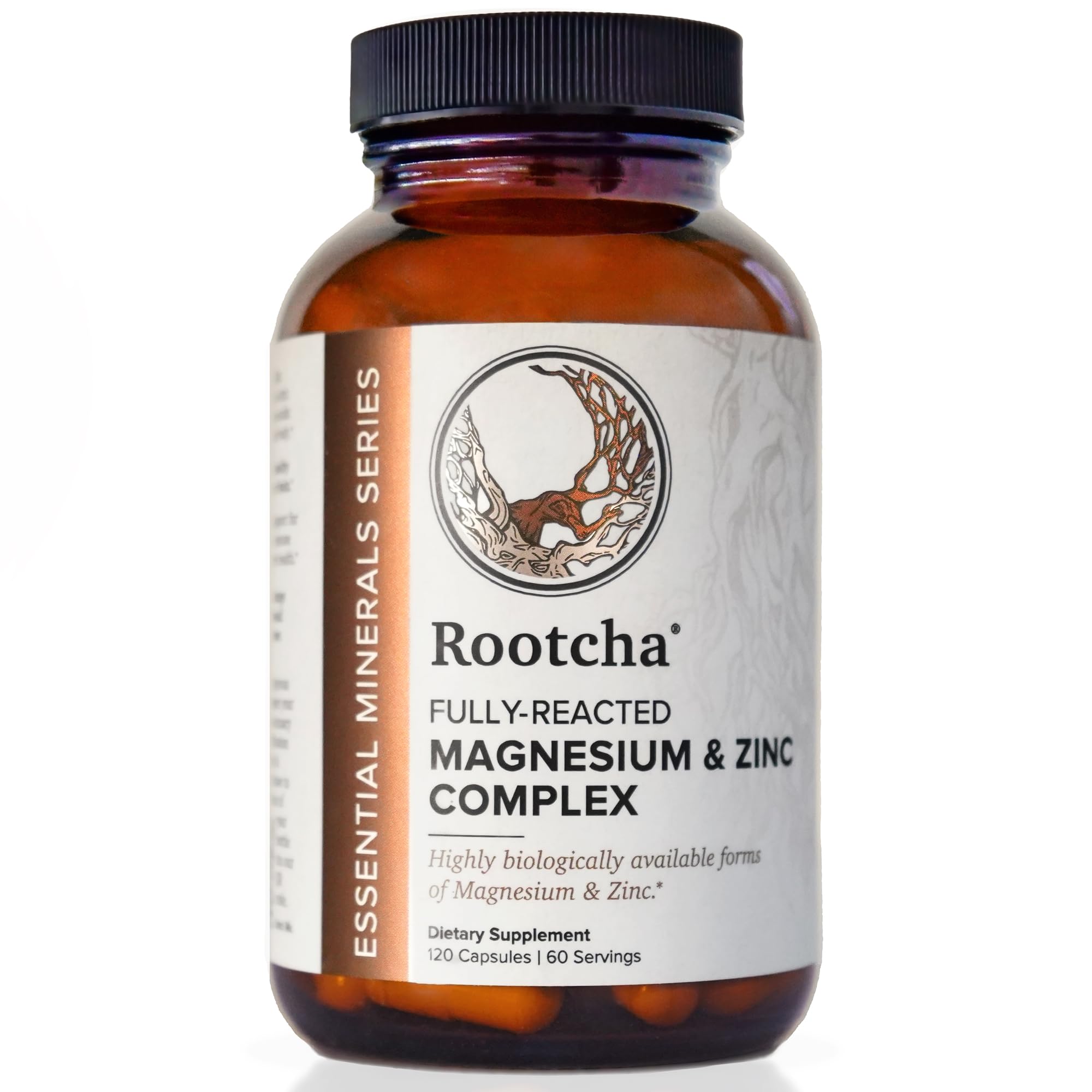Rootcha magnesio zinc, cápsulas, apoyo al bienestar diario.