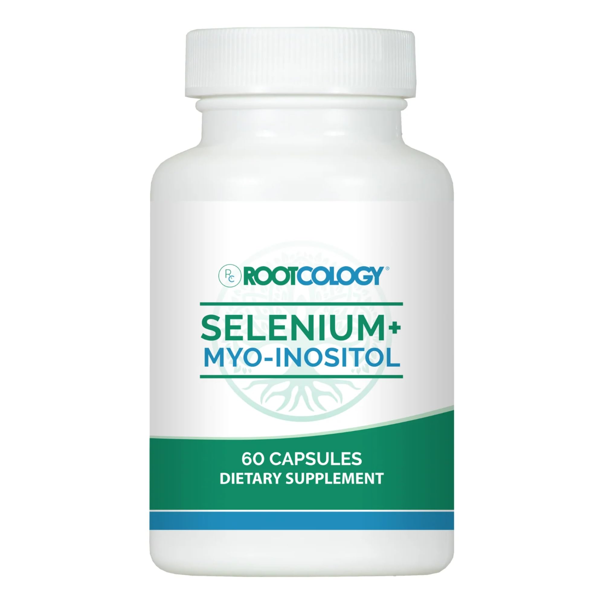 Rootcology Selenio + Mio-inositol: botella con cápsulas para equilibrio hormonal