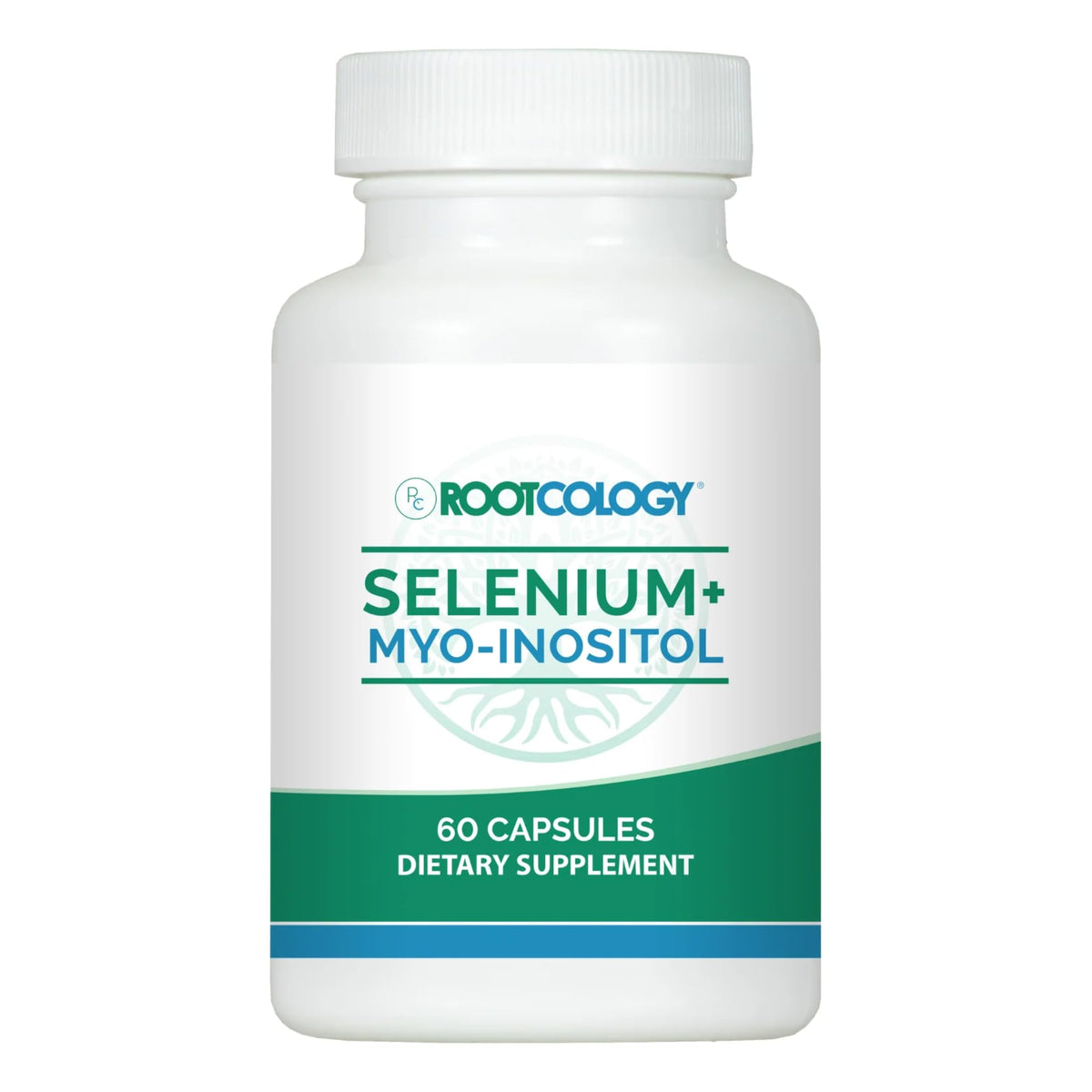 Rootcology Selenio + Mio-inositol: botella con cápsulas para equilibrio hormonal