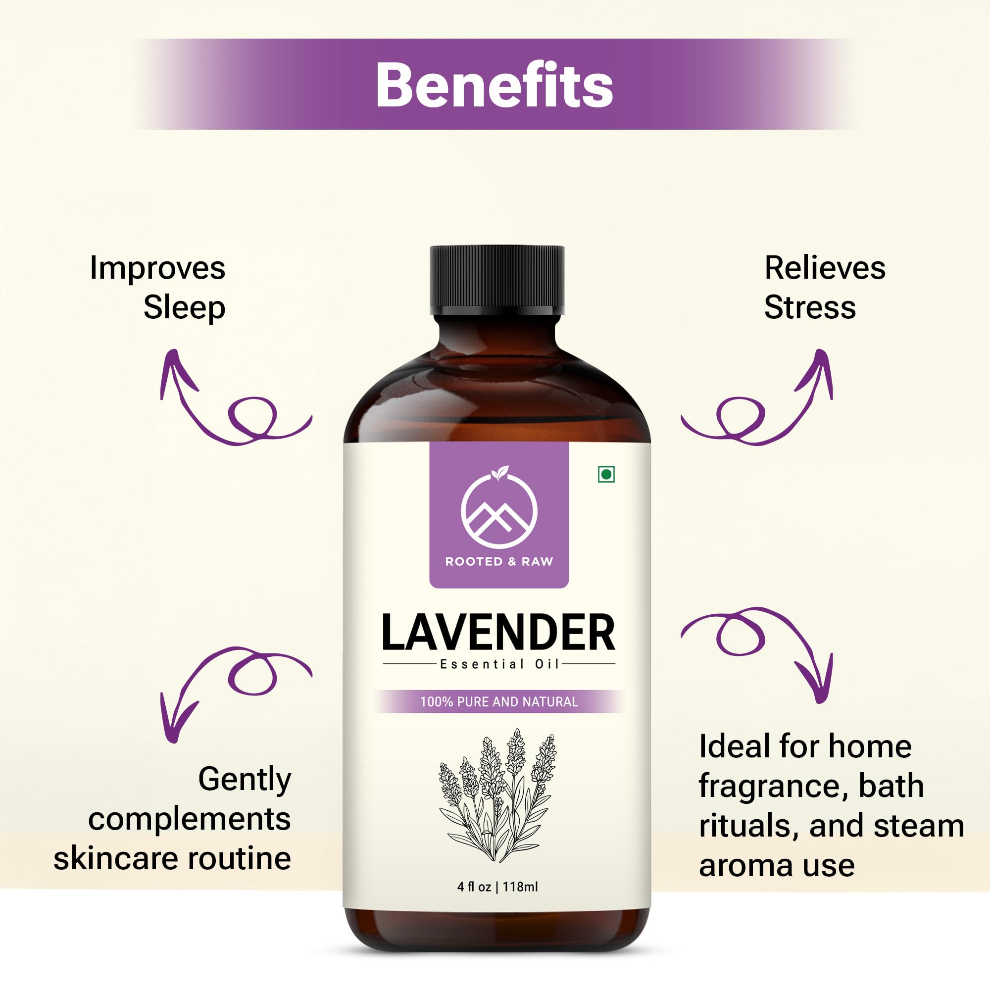 ROOTED & RAW Lavanda en frasco ámbar protege pureza y frescura.