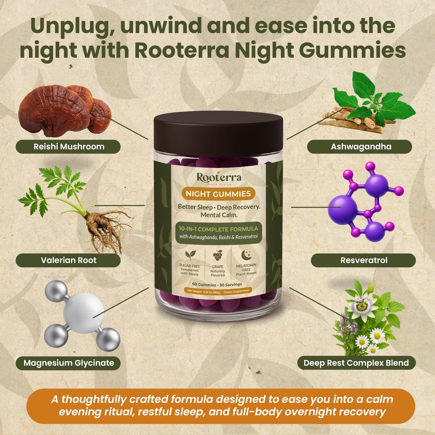 Rooterra Inner Bloom Gomitas Nocturnas, etiqueta clara para confianza del consumidor.