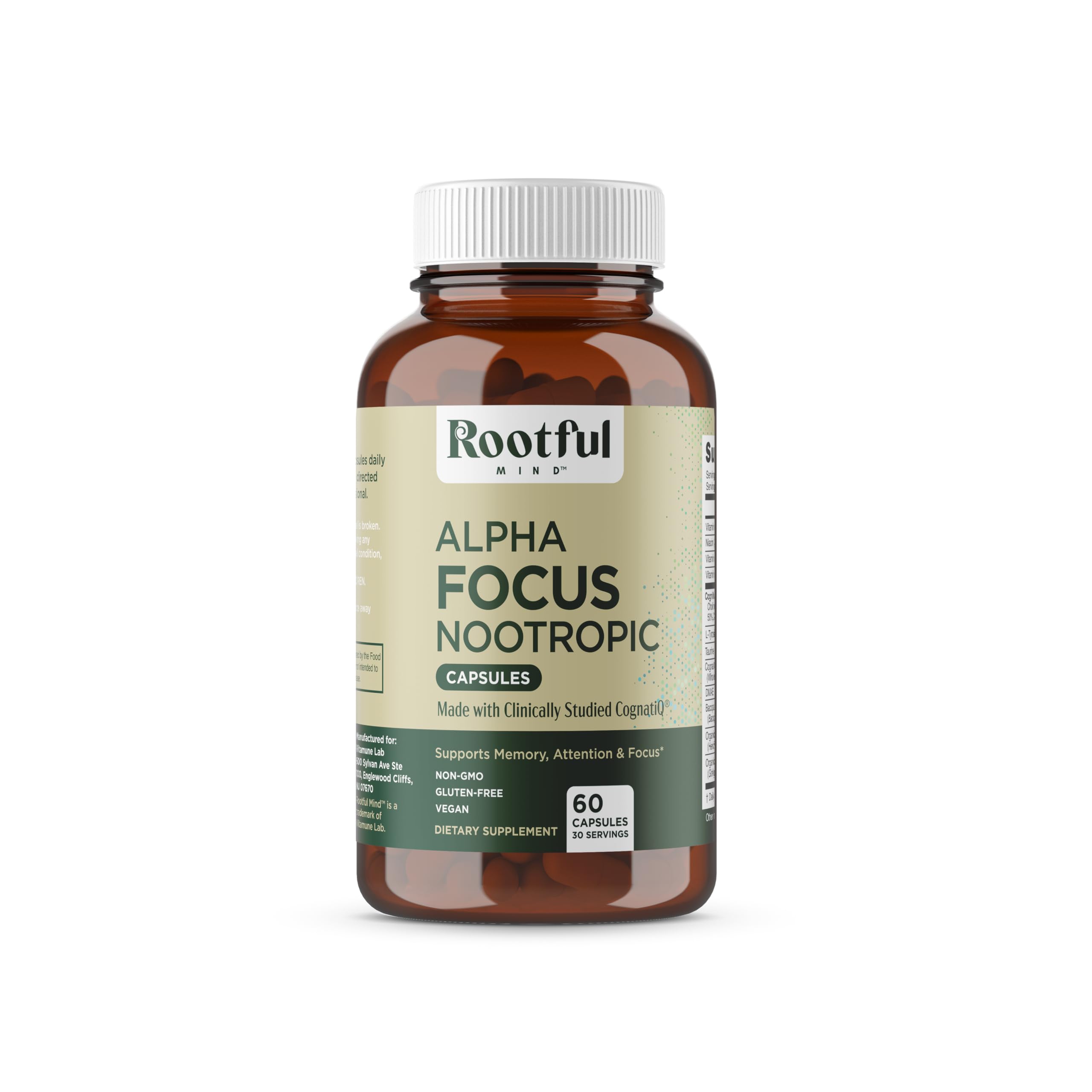 Botella de Rootful Mind Alpha Focus para claridad mental durante estudio.