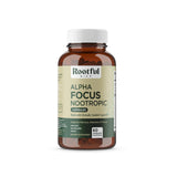 Botella de Rootful Mind Alpha Focus para claridad mental durante estudio.