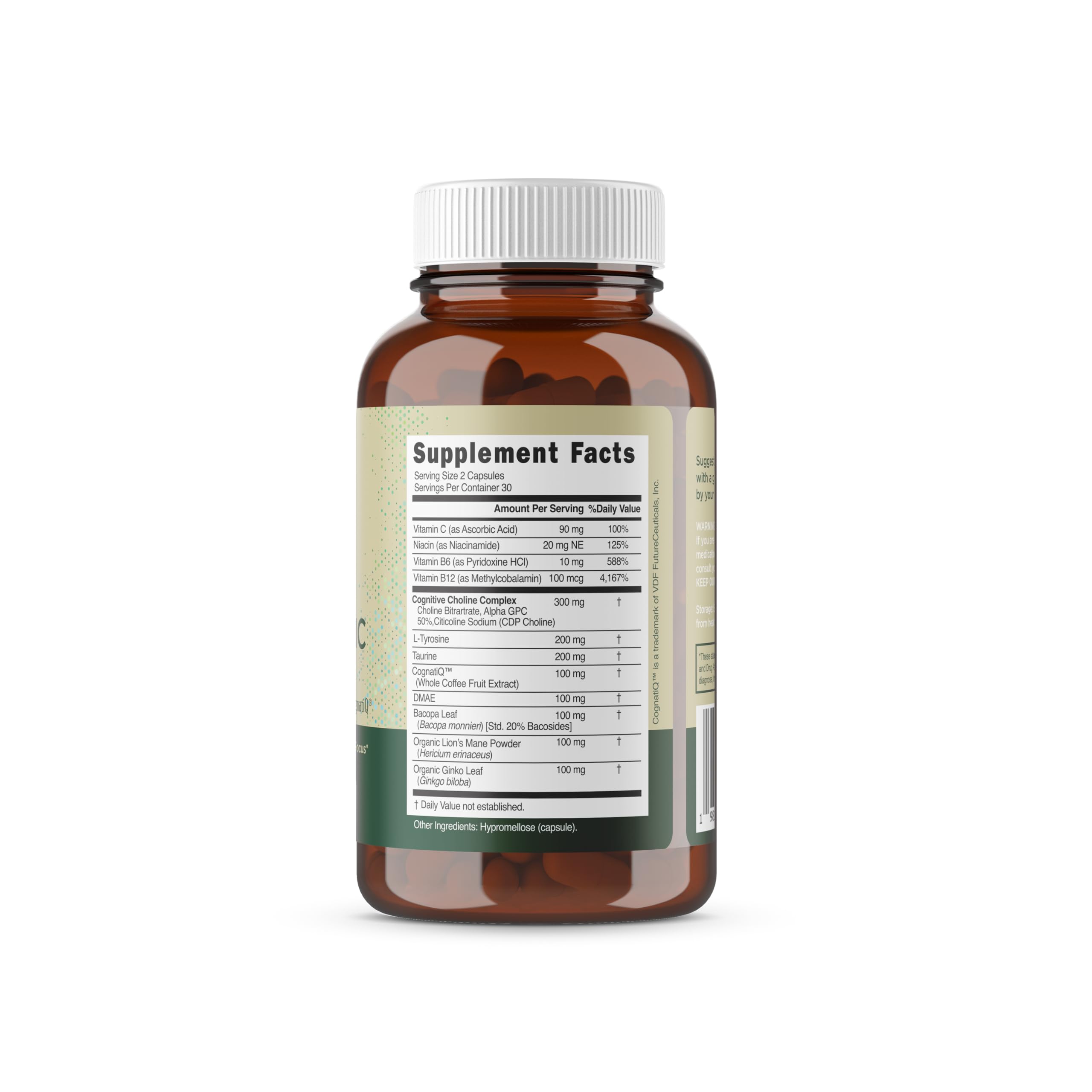 Etiqueta trasera de Rootful Mind Alpha Focus informa dosis y recomendaciones.