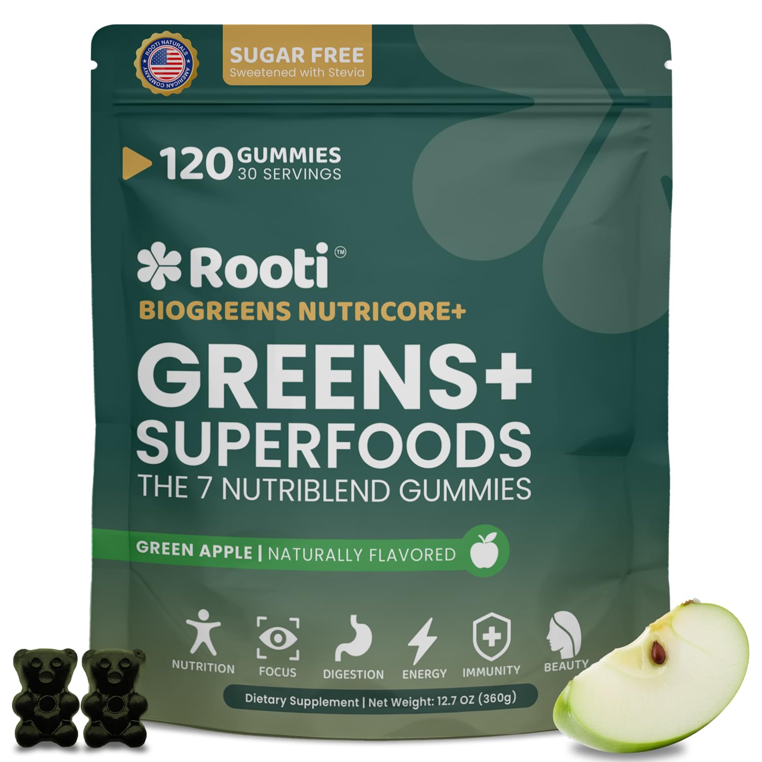 Gomitas ROOTI verdes en envase, refuerzo diario de nutrientes de origen natural.