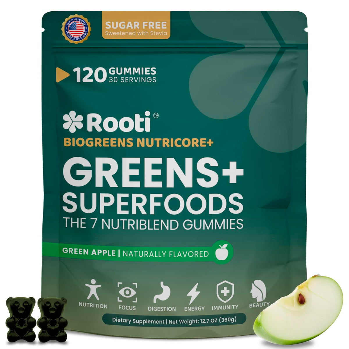 Gomitas ROOTI verdes en envase, refuerzo diario de nutrientes de origen natural.