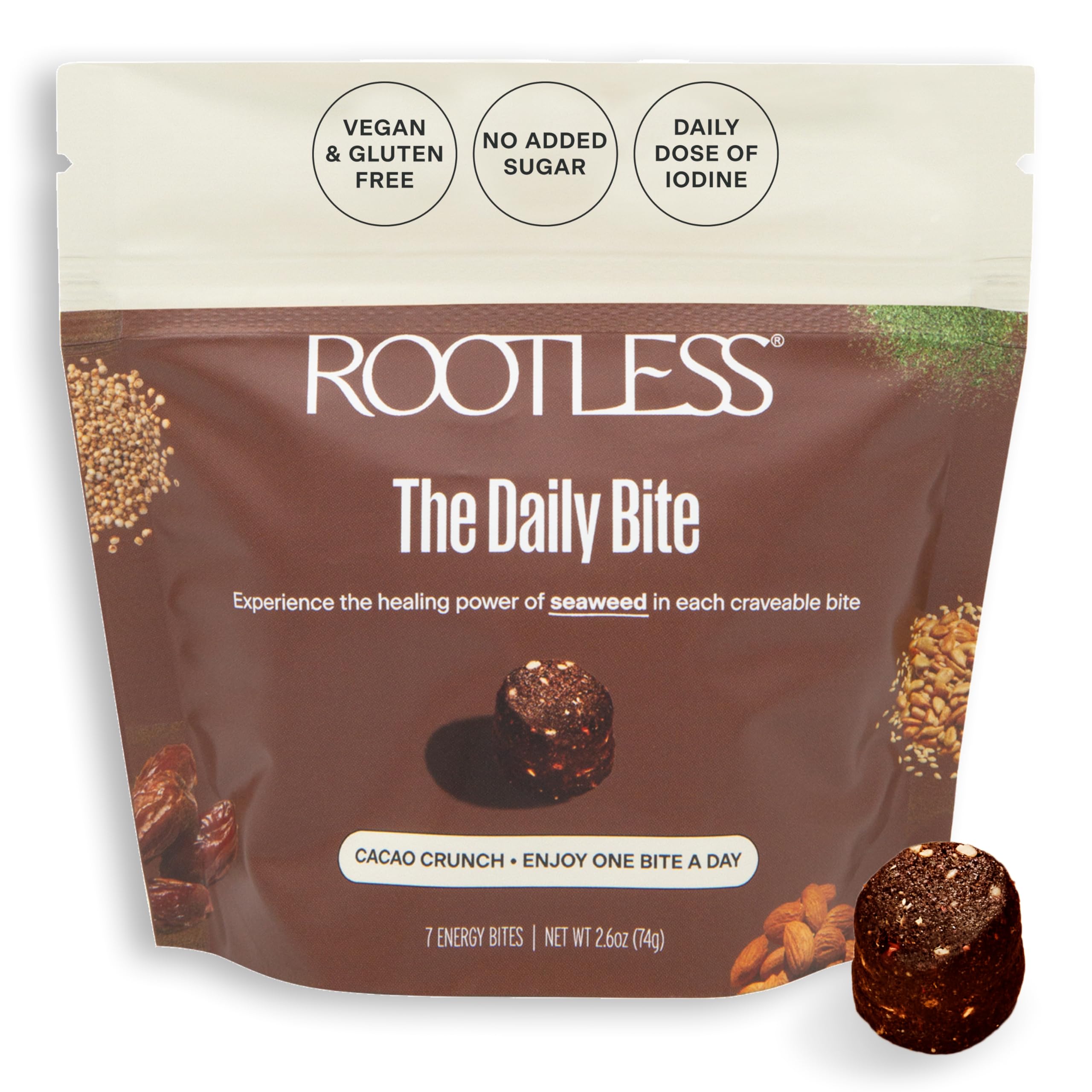 Rootless cacao-crujiente: empaque de porciones, ideal para ritual diario.