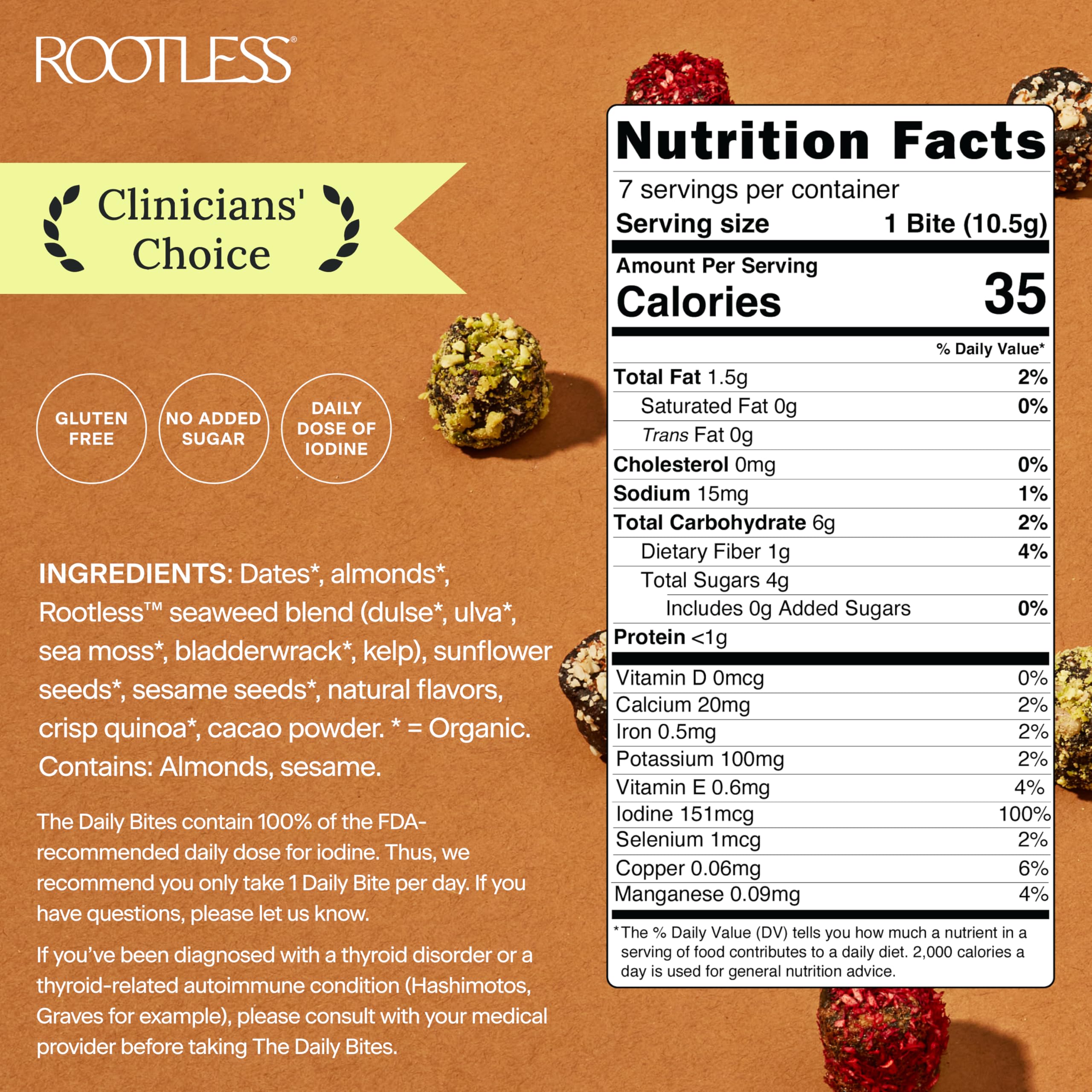 Rootless mezcla-ingredientes cacao-algas-frutos: aporte nutritivo diario.
