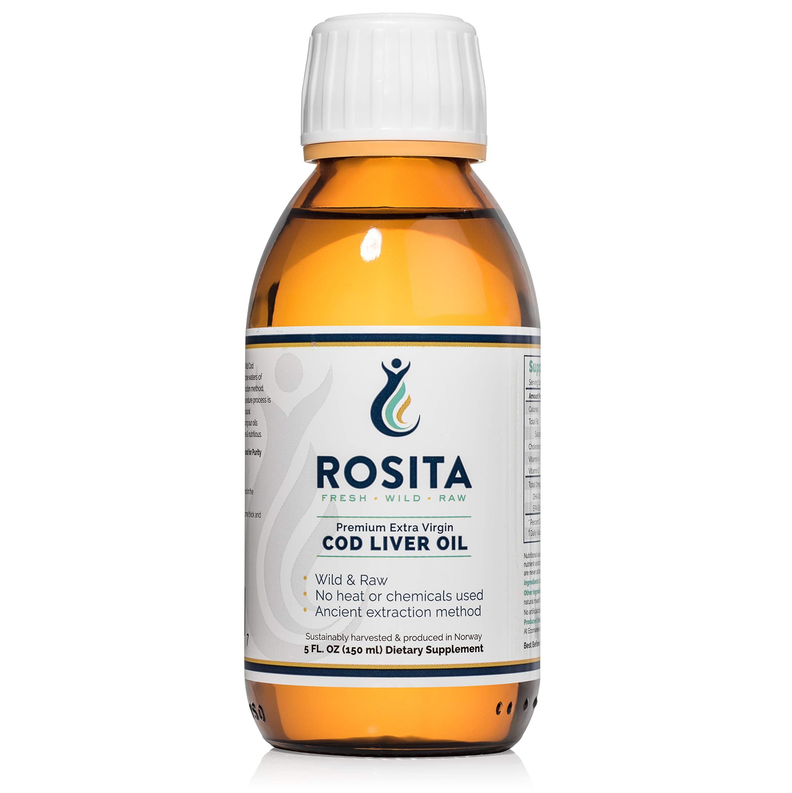 Rosita Real Foods aceite de hígado de bacalao líquido, vertido de la botella para consumo diario.