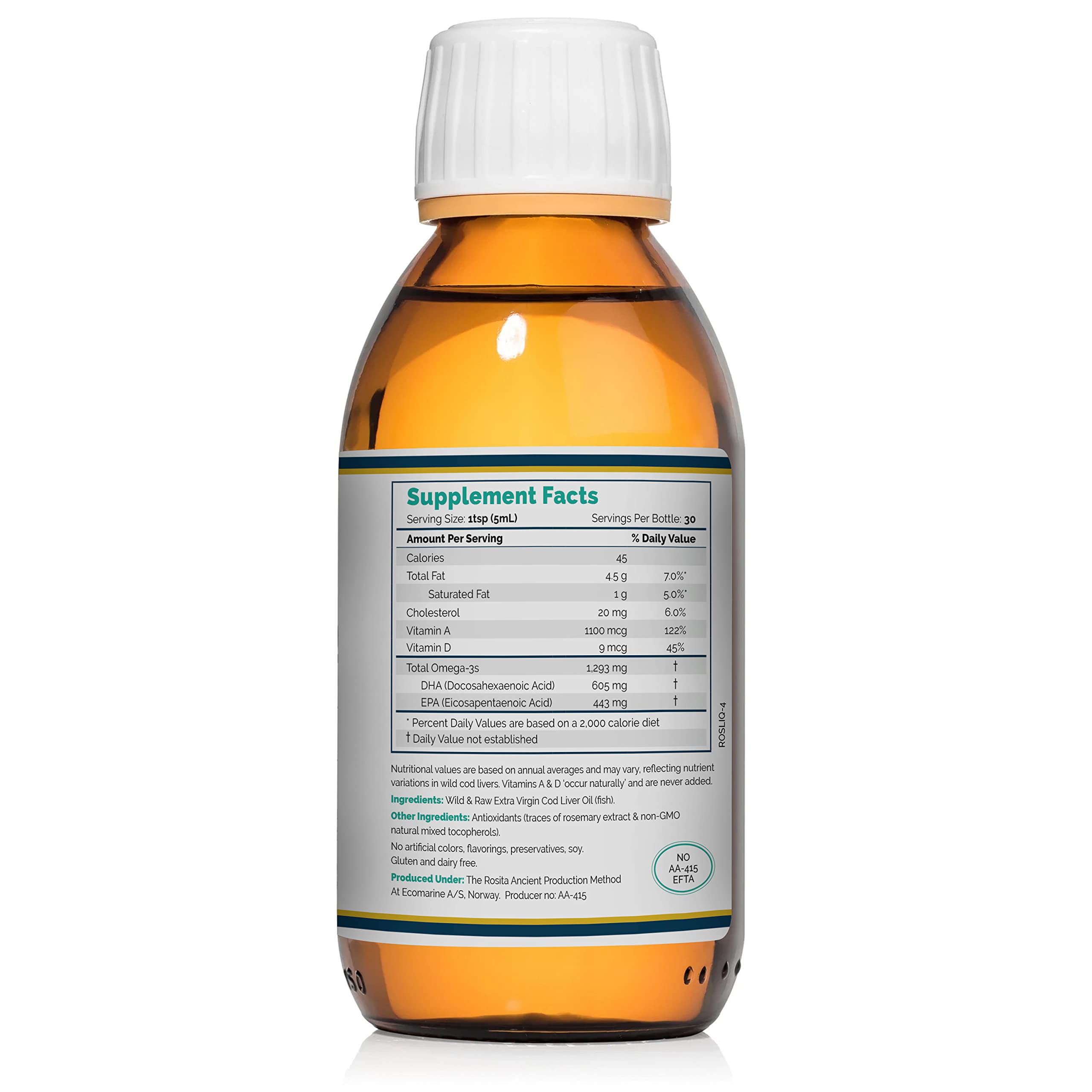 Rosita Real Foods aceite de hígado de bacalao líquido, etiqueta clara para información de pureza.