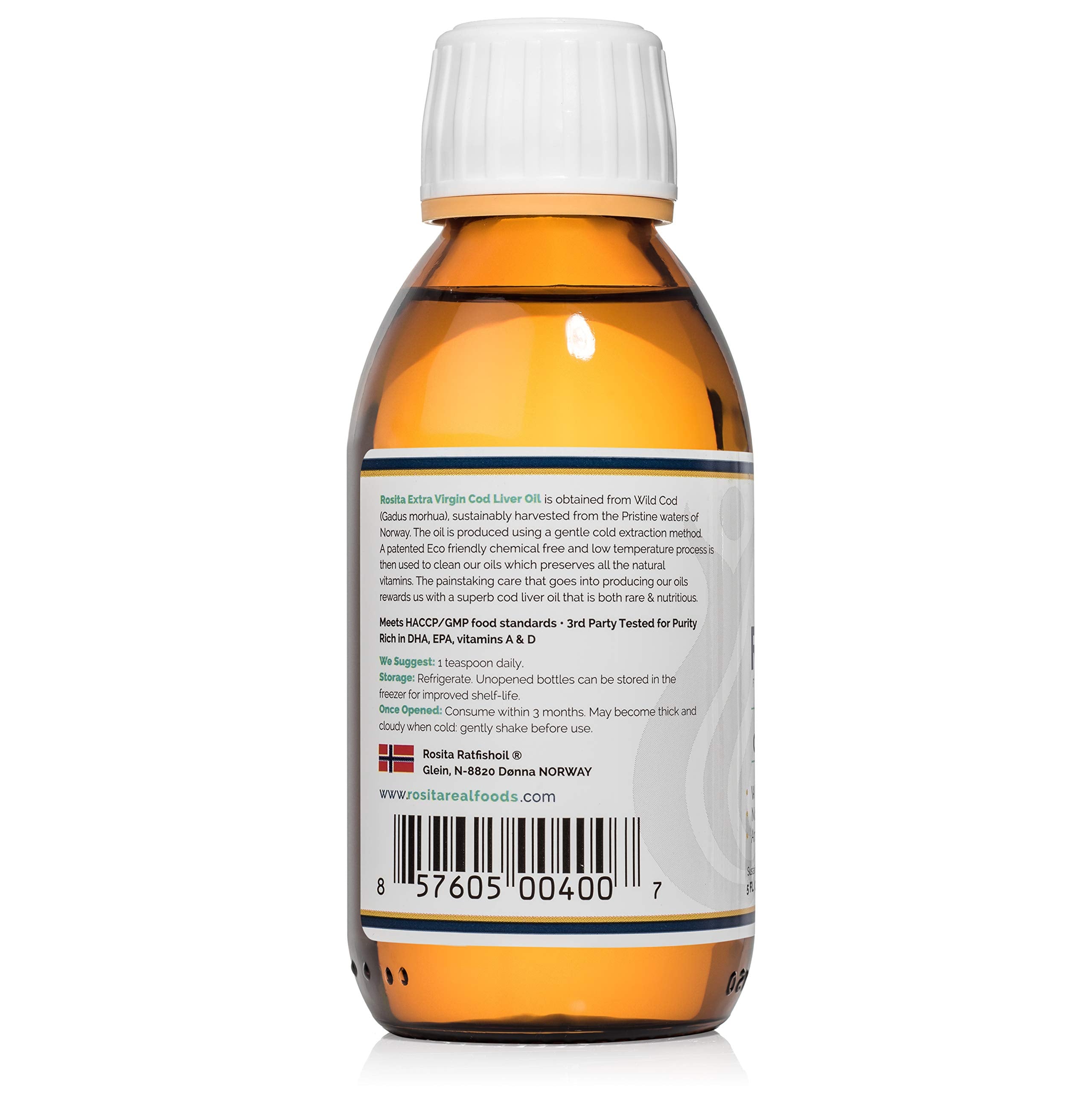 Rosita Real Foods aceite de hígado de bacalao líquido, frasco familiar para dosis diaria.