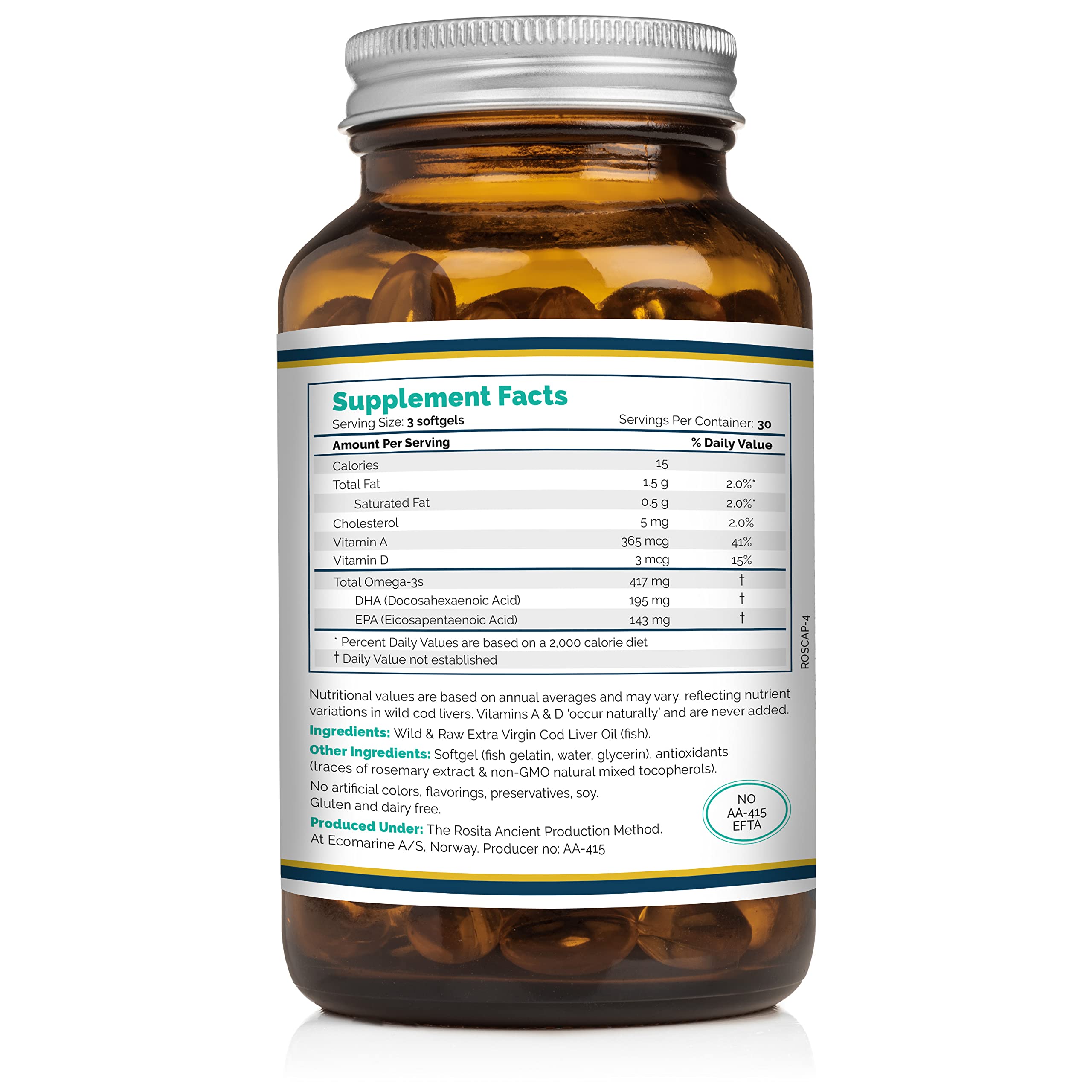 Rosita Real Foods envase cápsulas aceite hígado bacalao virgen para la rutina diaria de bienestar.