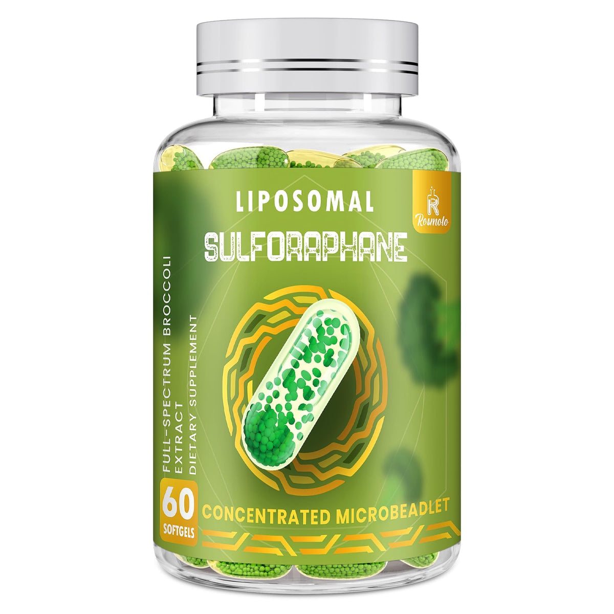 Rosmolo sulforafano liposomal, botella de cápsulas para absorción óptima.