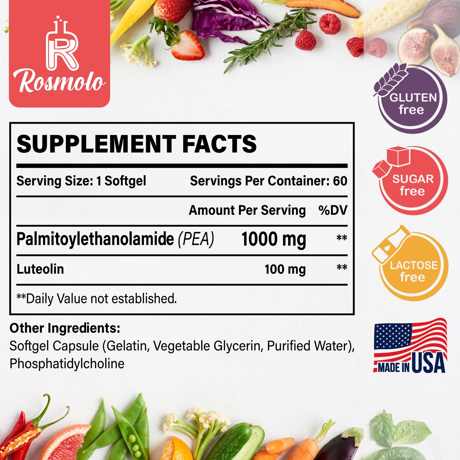Etiqueta Rosmolo liposomales PEA con luteolina para uso diario.