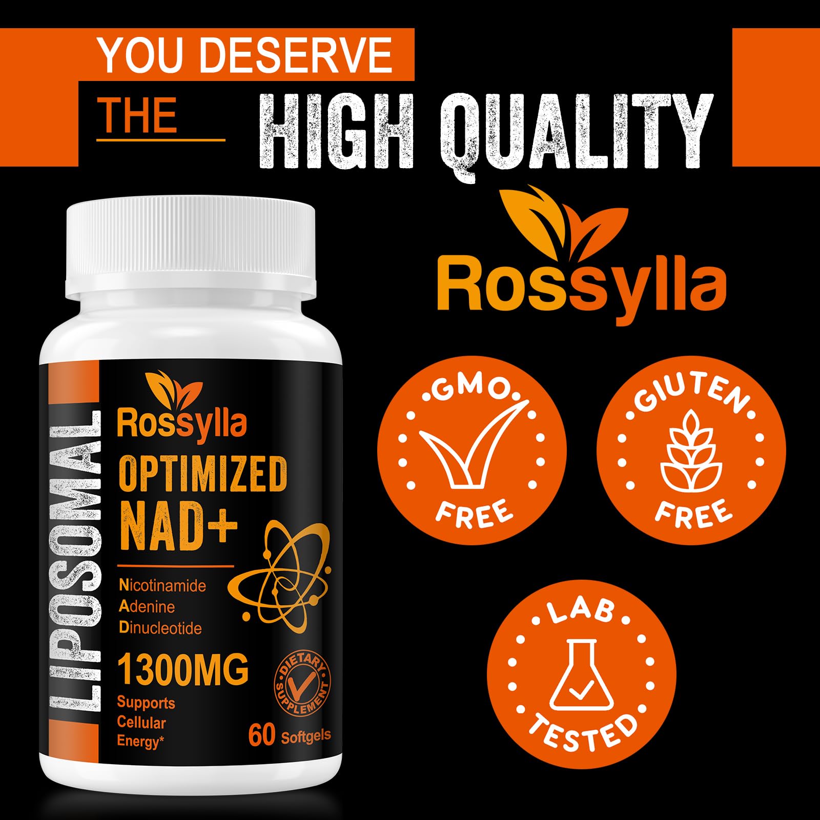 Etiqueta de Rossylla NAD+ liposomales, claridad de pureza y trazabilidad