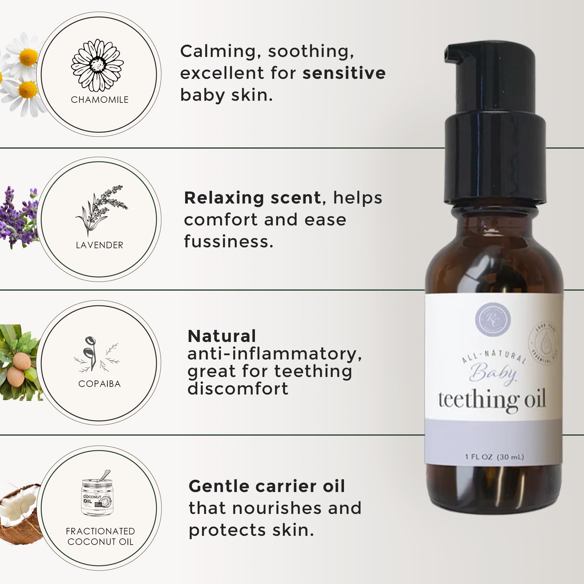 Rowe Casa Organics ingredientes naturales, aceite dentición para bebés sin aditivos.