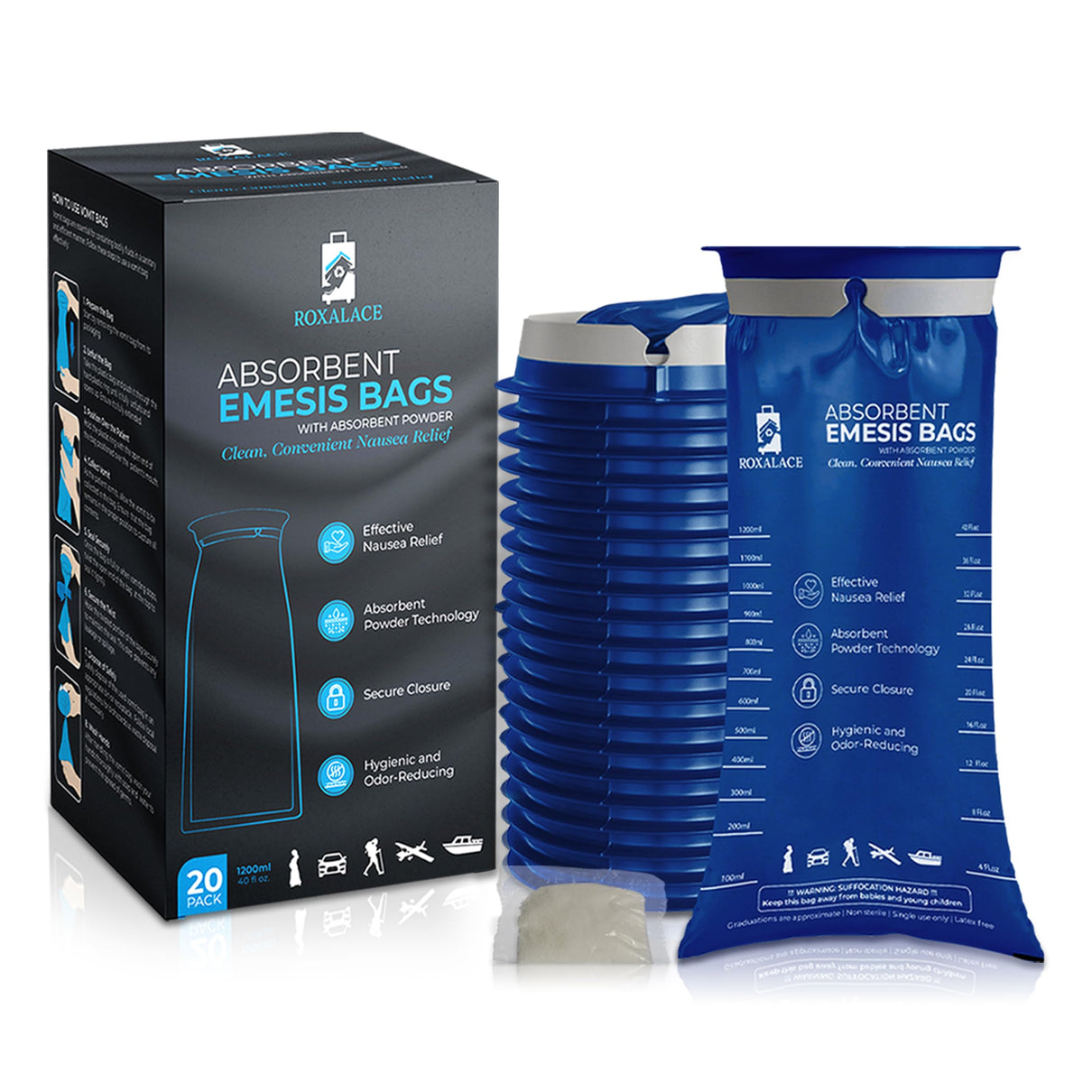 Bolsas emesis ROXALACE compactas para coche listas para emergencias.