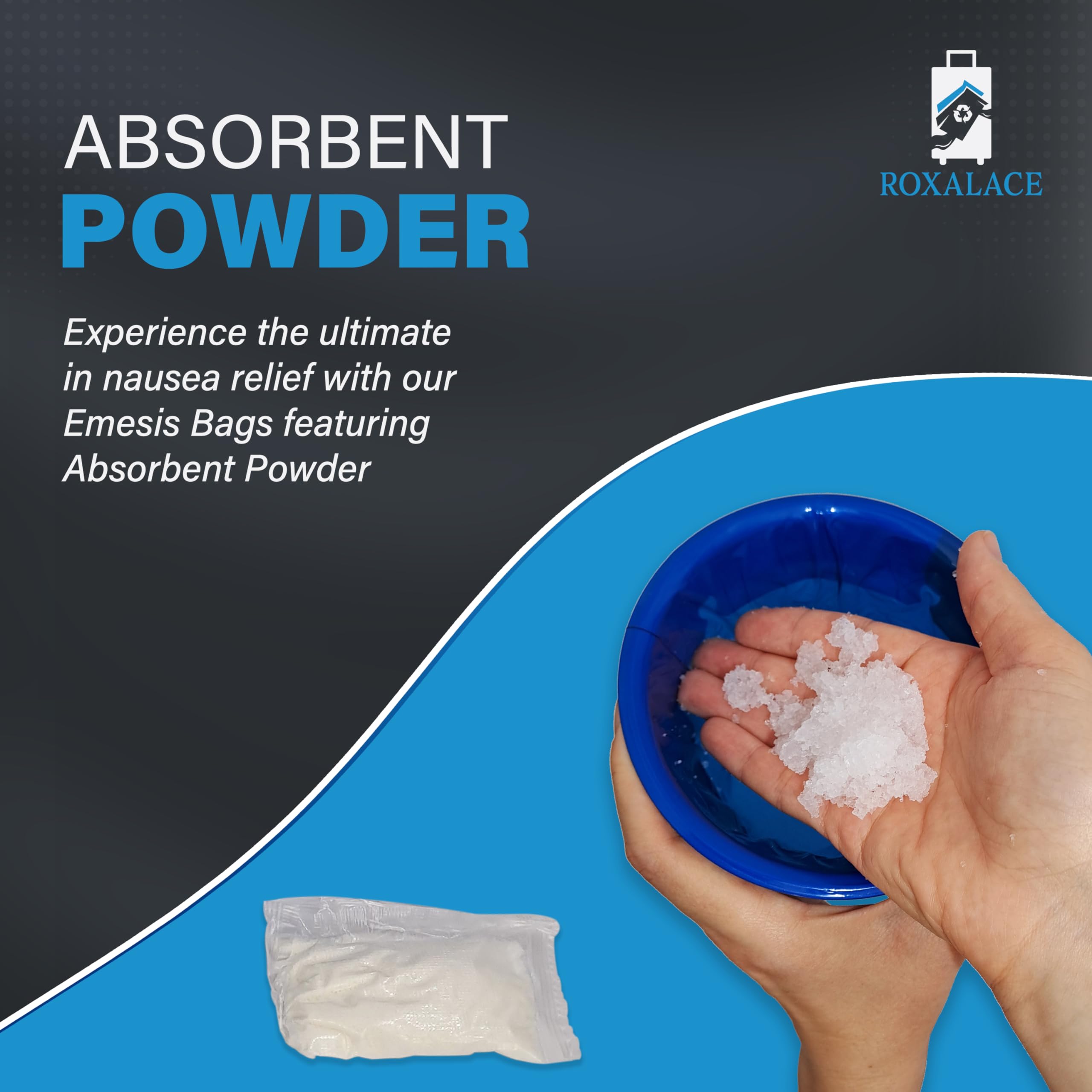 Bolsas emesis ROXALACE para desecho higiénico y sencillo tras su uso.