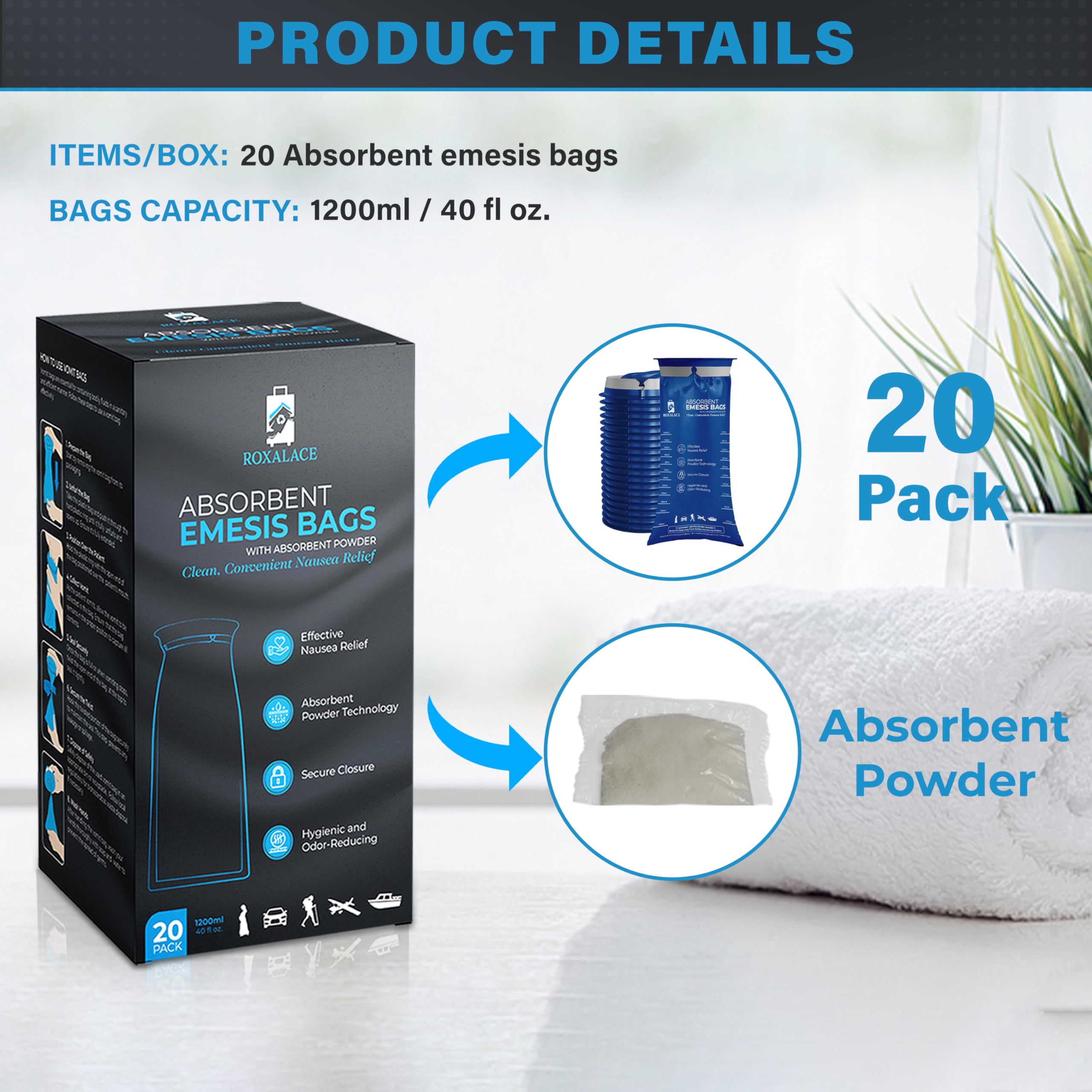 Bolsas emesis ROXALACE con polvo absorbente para gelificar vómito.