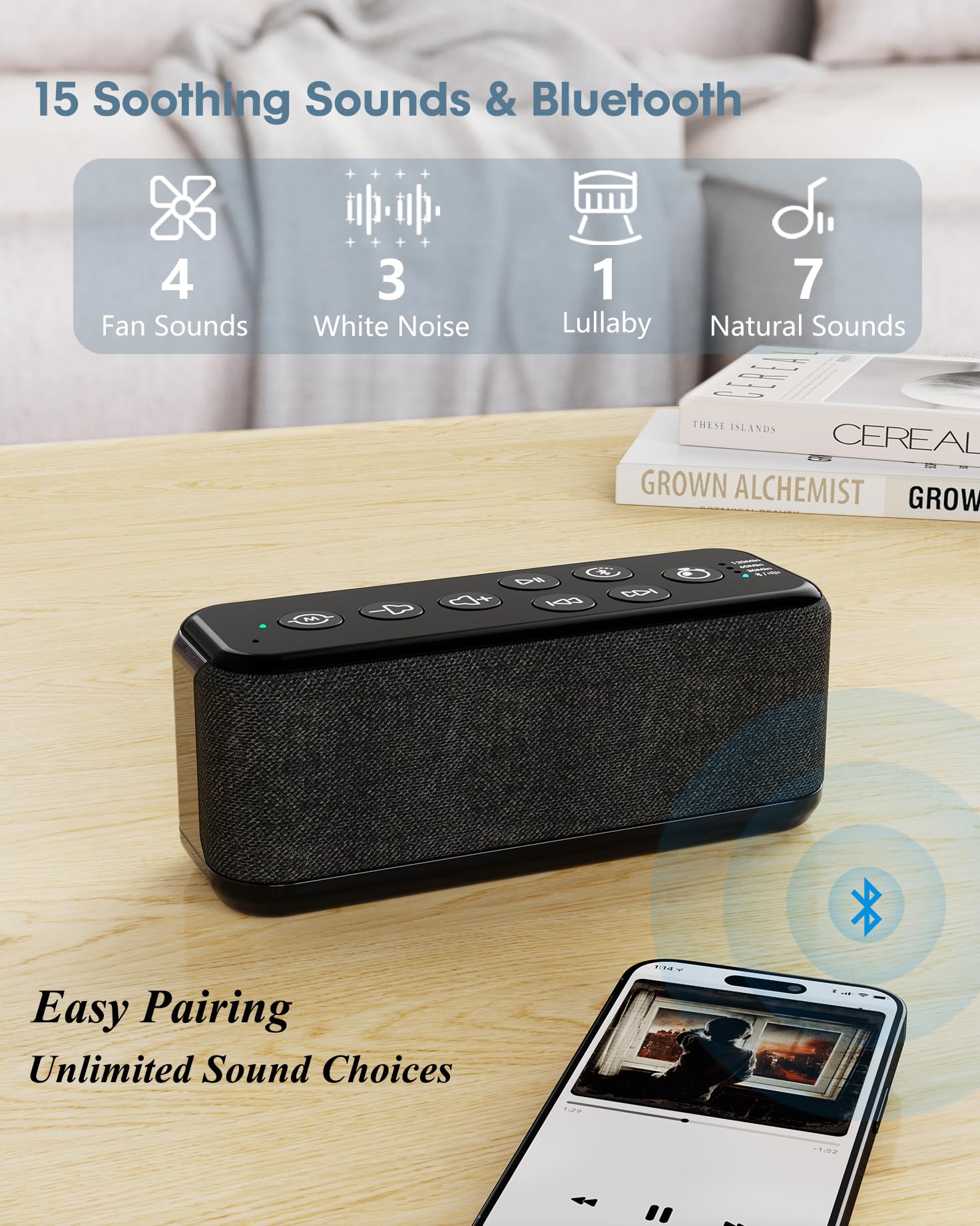 Roxicosly Máquina de sonido Bluetooth, controles visibles para personalizar audio.