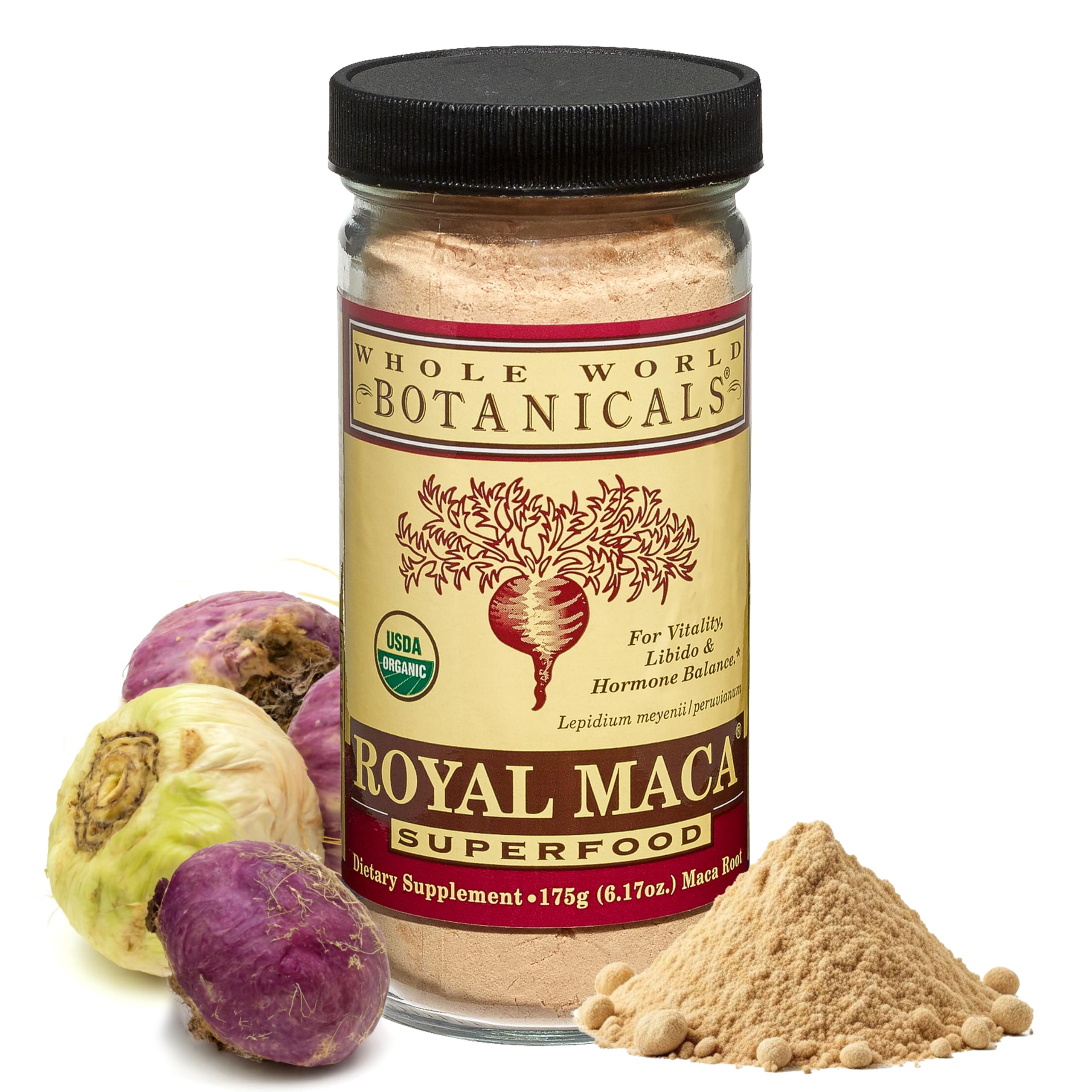 Textura de polvo amarillo de Royal Maca Powder para batidos cremosos.
