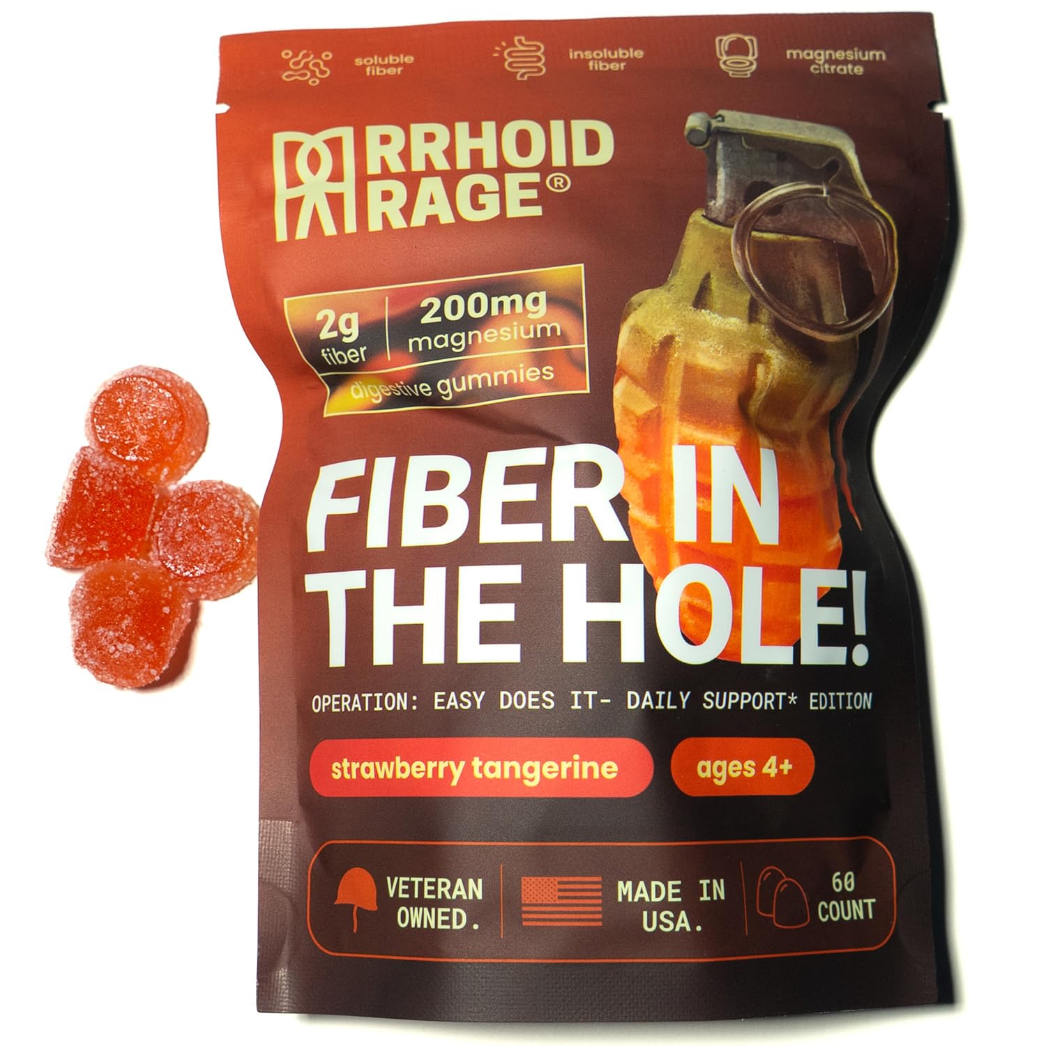Rrhoid Rage, gomitas con fibra y magnesio, apoyo digestivo suave y agradable.
