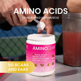 Etiqueta detallada de AminoLean Berry Elixir con ingredientes y beneficios.