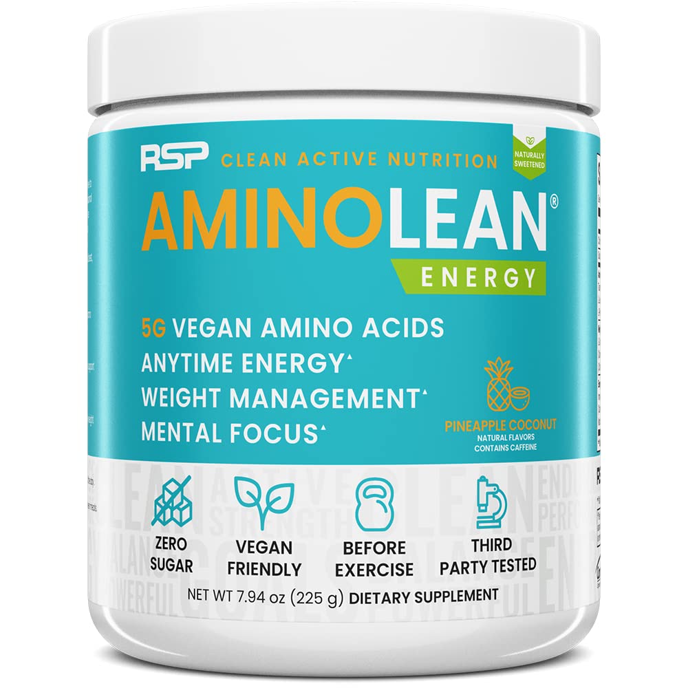RSP Vegan AminoLean en embalaje, energía sostenida para entrenamientos.