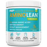 RSP Vegan AminoLean en embalaje, energía sostenida para entrenamientos.