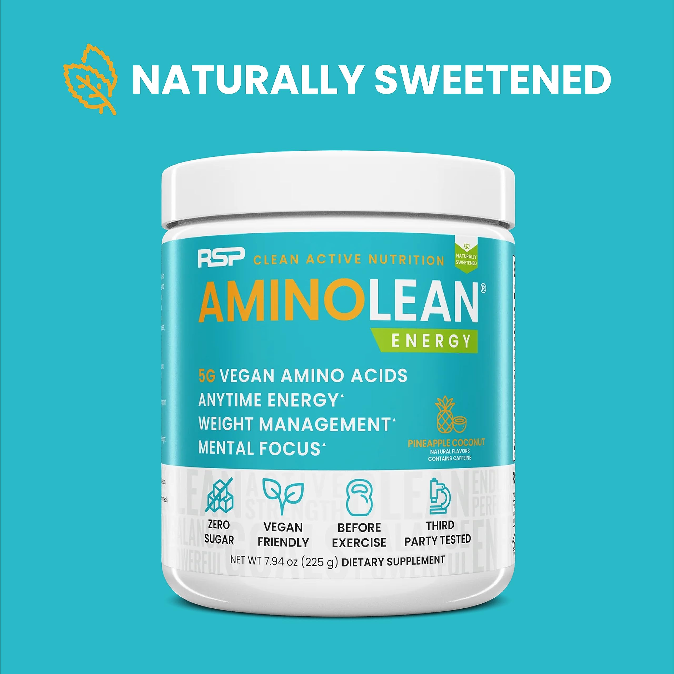 Polvo de RSP Vegan AminoLean, sabor piña coco para mezclas fáciles.