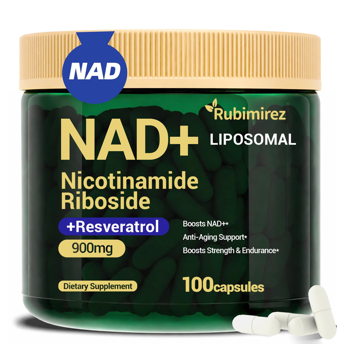 Rubimirez NAD+ en botella de producto para energía diaria y metabolismo.