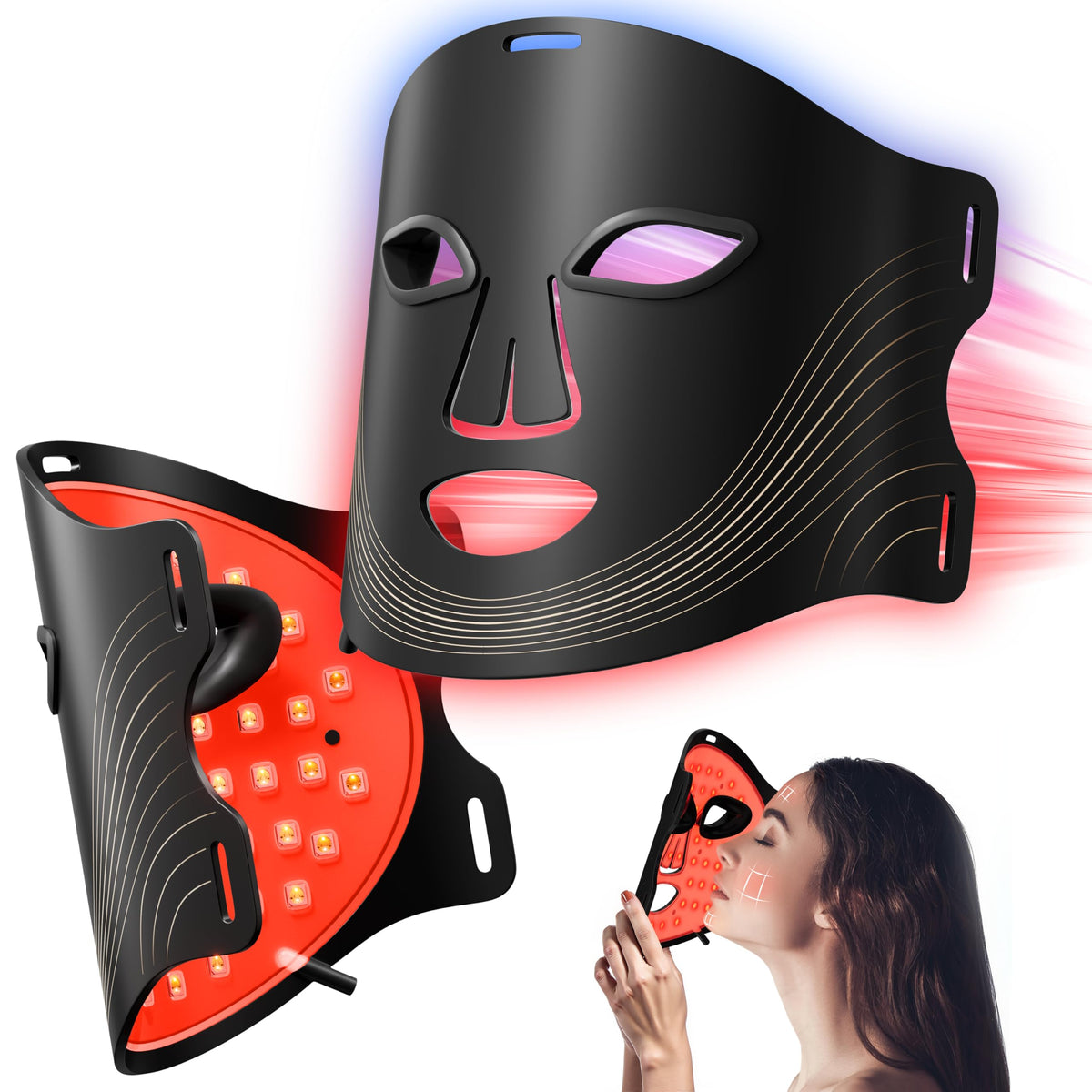 RubraVive Máscara LED roja iluminando el rostro para suavizar arrugas.