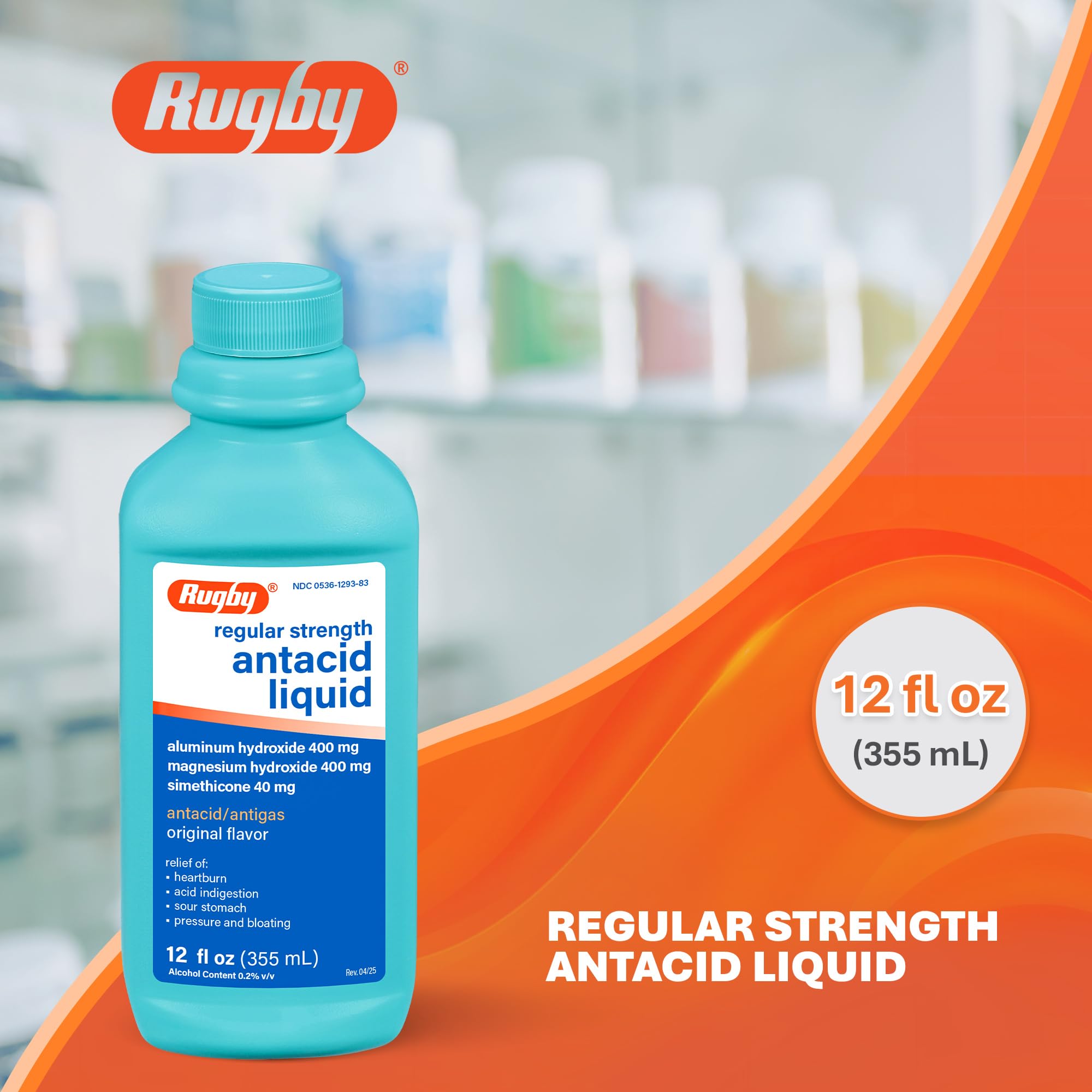 Rugby Antacido Liquido Original, etiqueta frontal visible para referencia de ingredientes.