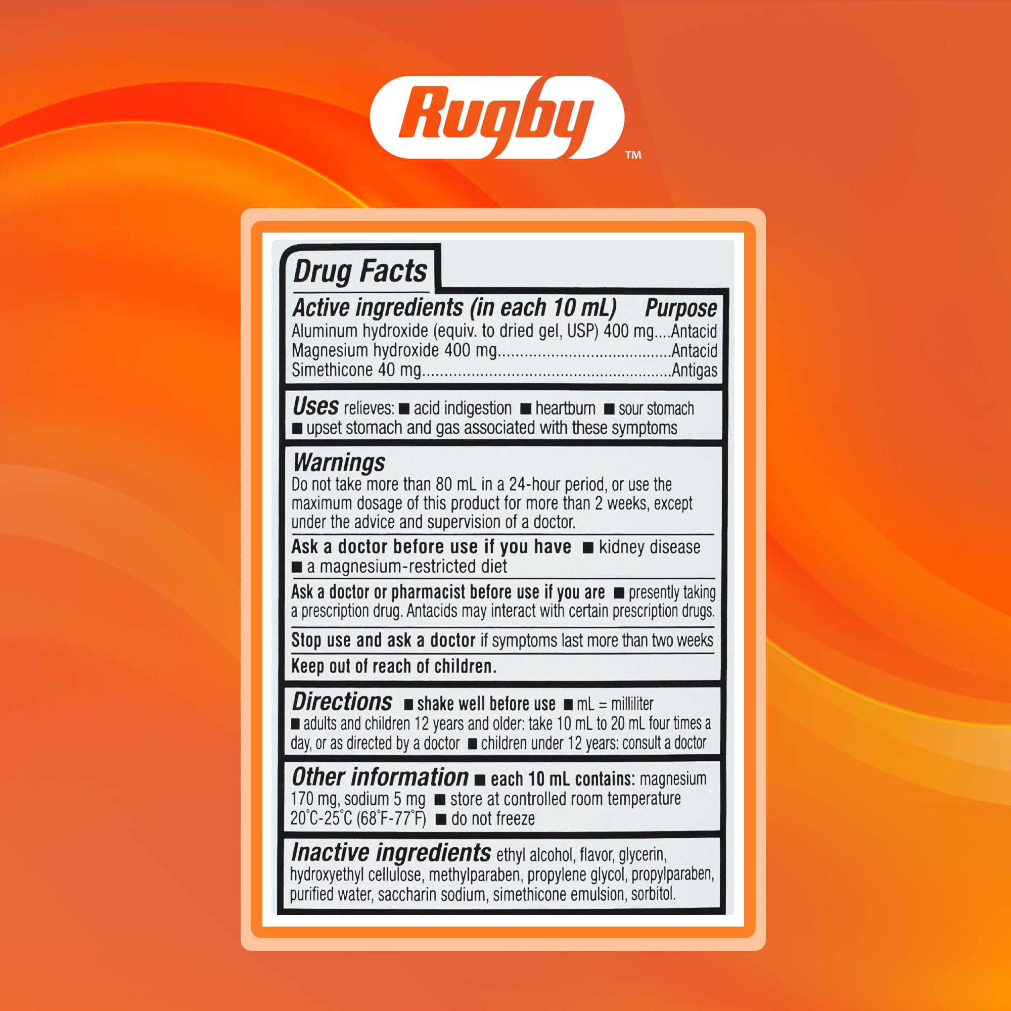 Rugby Antacido Liquido Original, ingredientes activos para neutralizar el ácido y reducir el gas.
